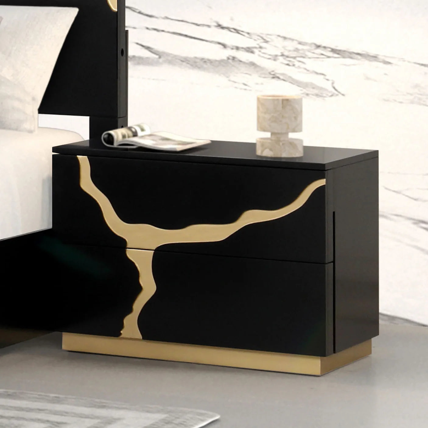 Goldsberg Black & Gold Nightstand | Contemporary Engineered Wood Bedside Table | MidinMod