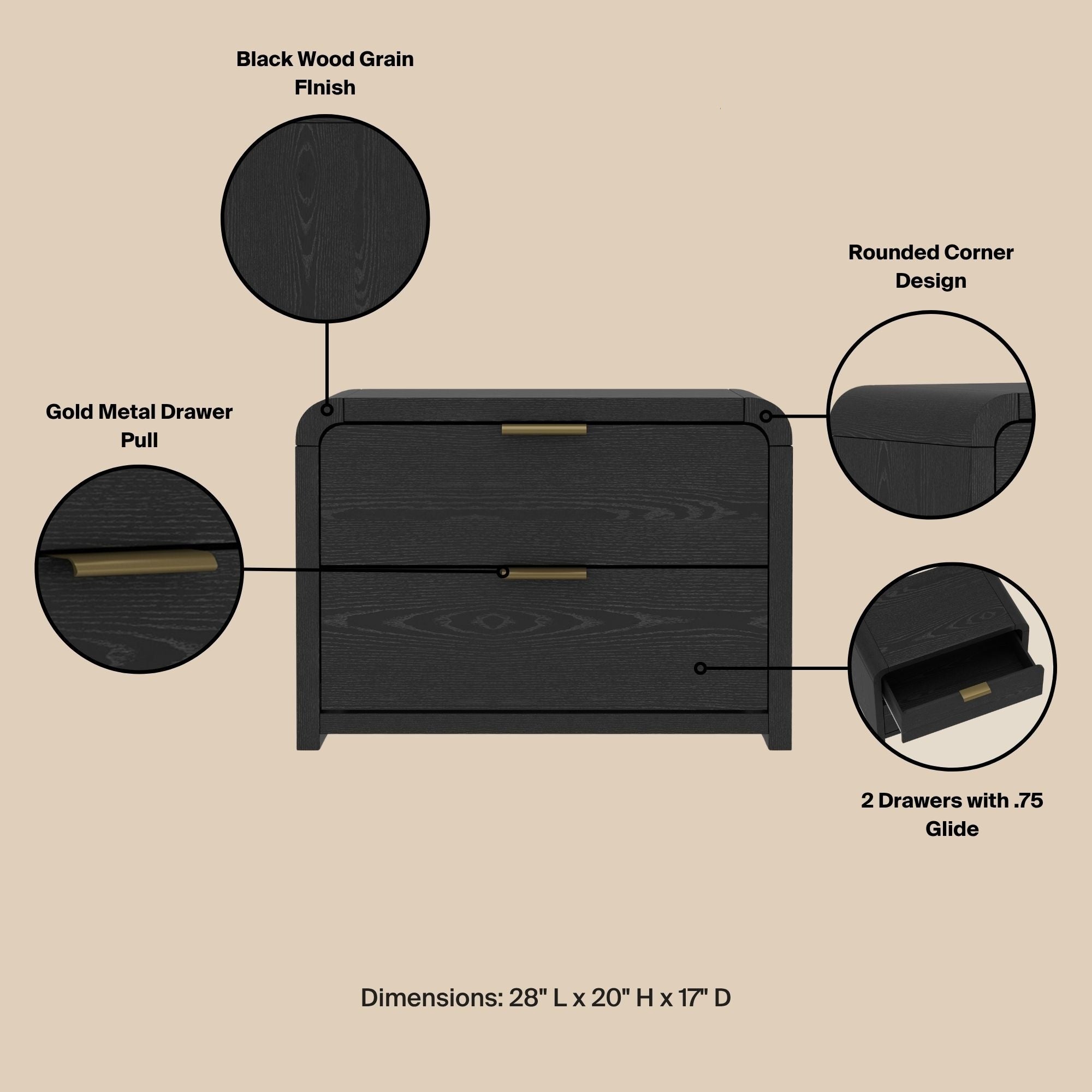 Grace Modern Black and Gold Solid Wood Nightstand | Sleek Bedside Storage | MidinMod