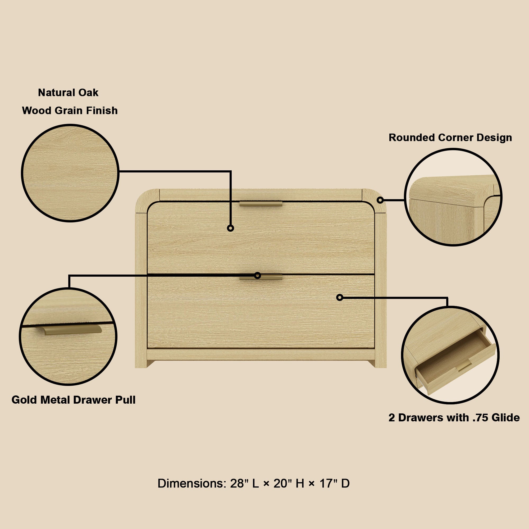 Grace Natural Oak & Gold Nightstand | Modern Solid Wood Bedside Storage | MidinMod