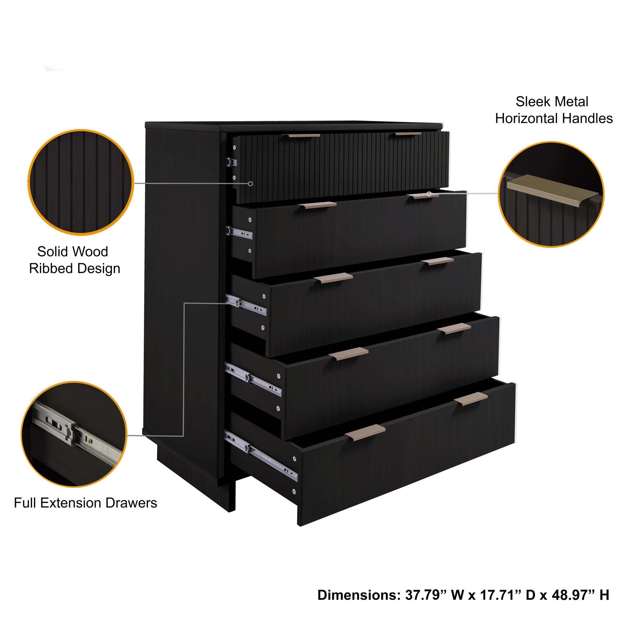 Granville 45" Tall Dresser in Black | Modern Solid Wood Chest of Drawers | MidinMod
