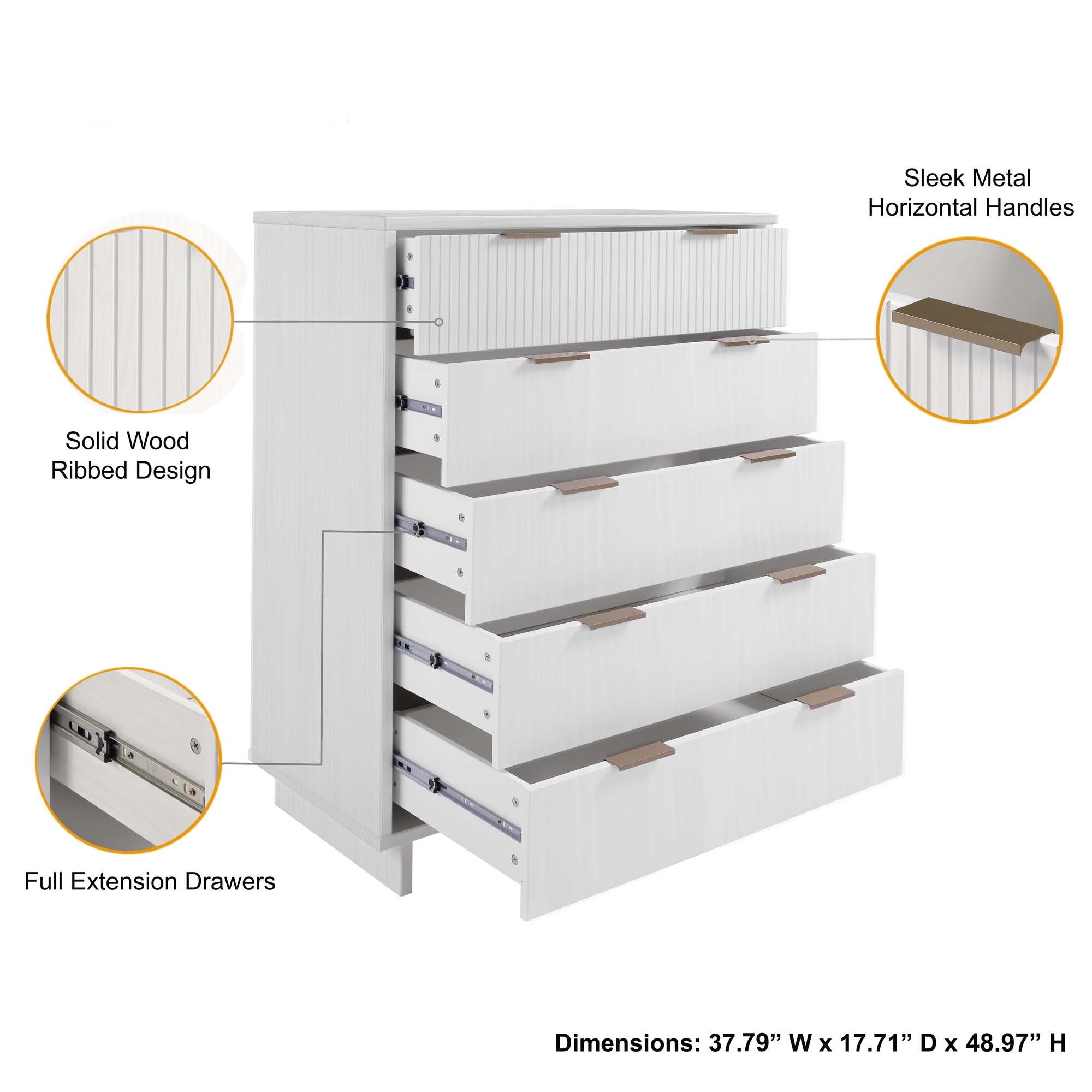 Granville 45" Tall Dresser in White | Modern Solid Wood Chest of Drawers | MidinMod