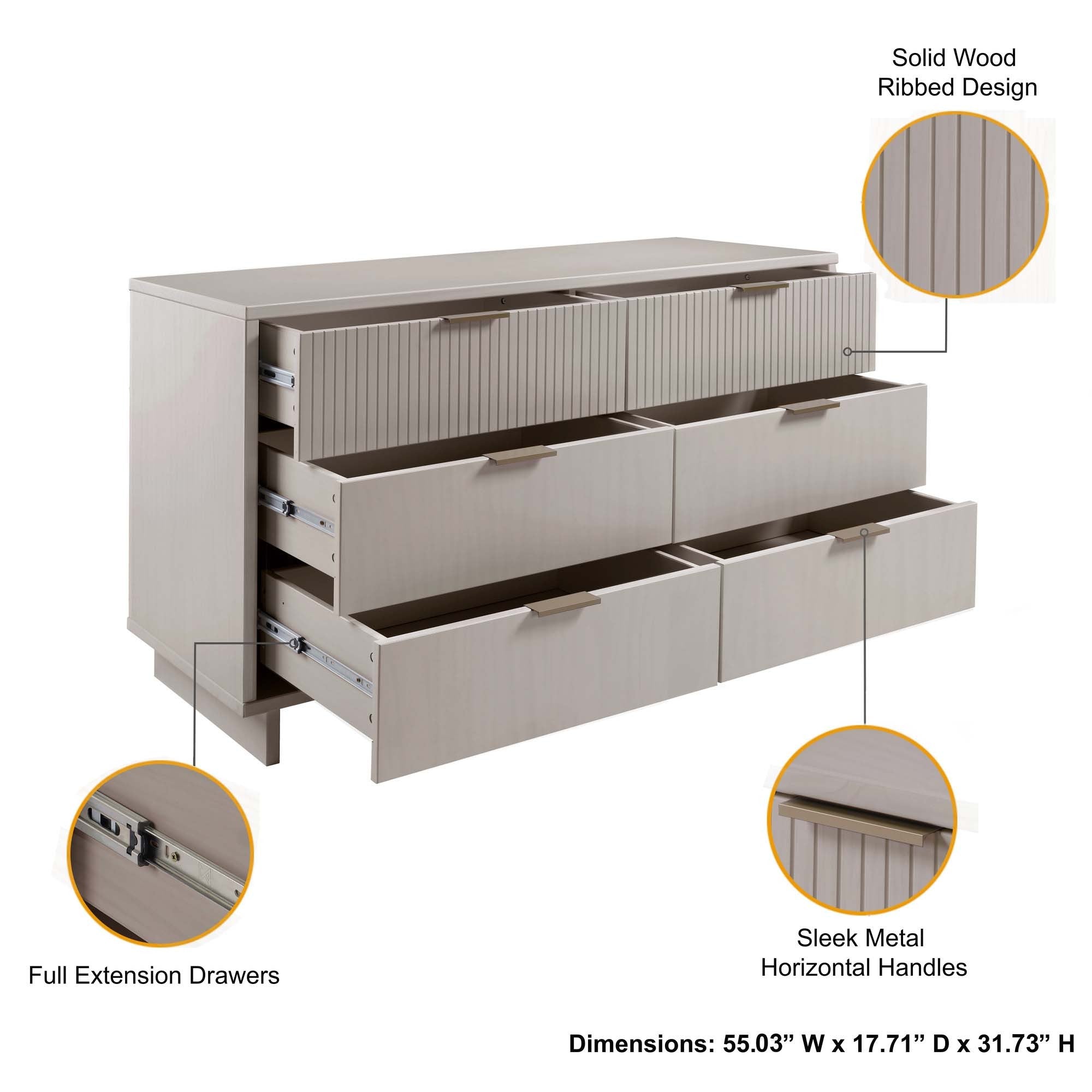 Granville 55" Double Wide Dresser in Light Gray | Modern Solid Wood Chest of Drawers | MidinMod