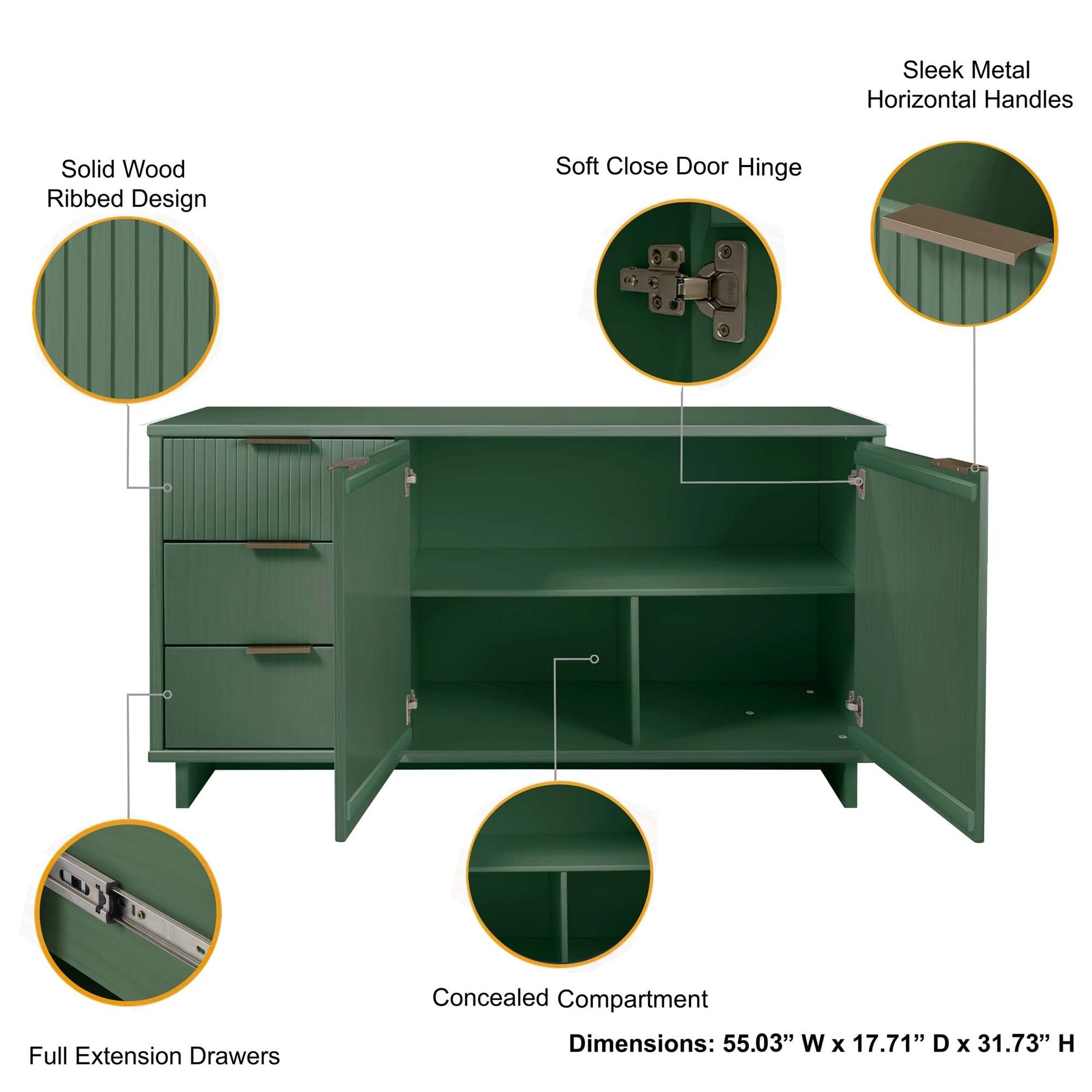 Granville 55" Sage Green Sideboard | Modern Solid Wood Buffet & Storage Cabinet | MidinMod