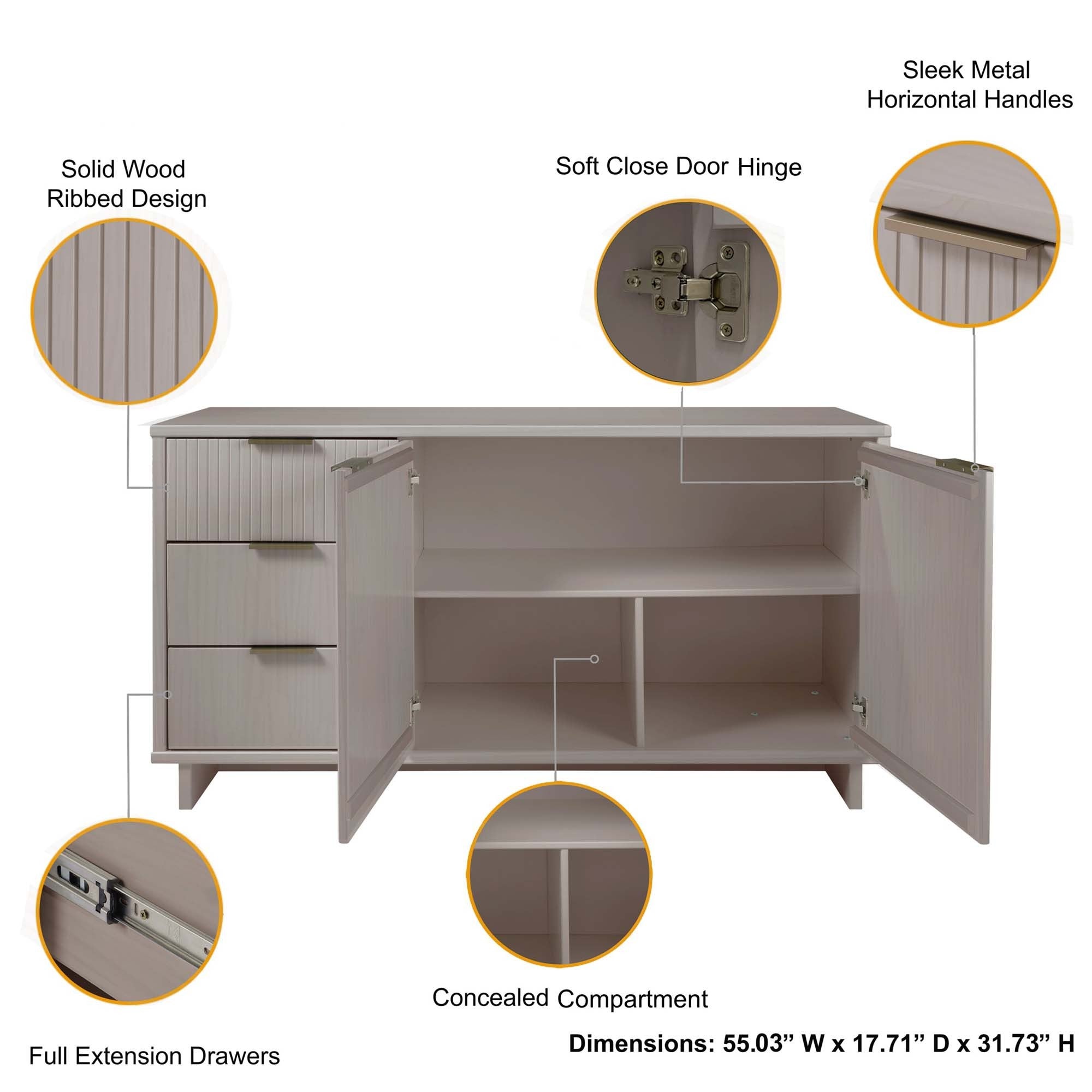 Granville 55" Light Grey Sideboard | Modern Solid Wood Buffet & Storage Cabinet | MidinMod
