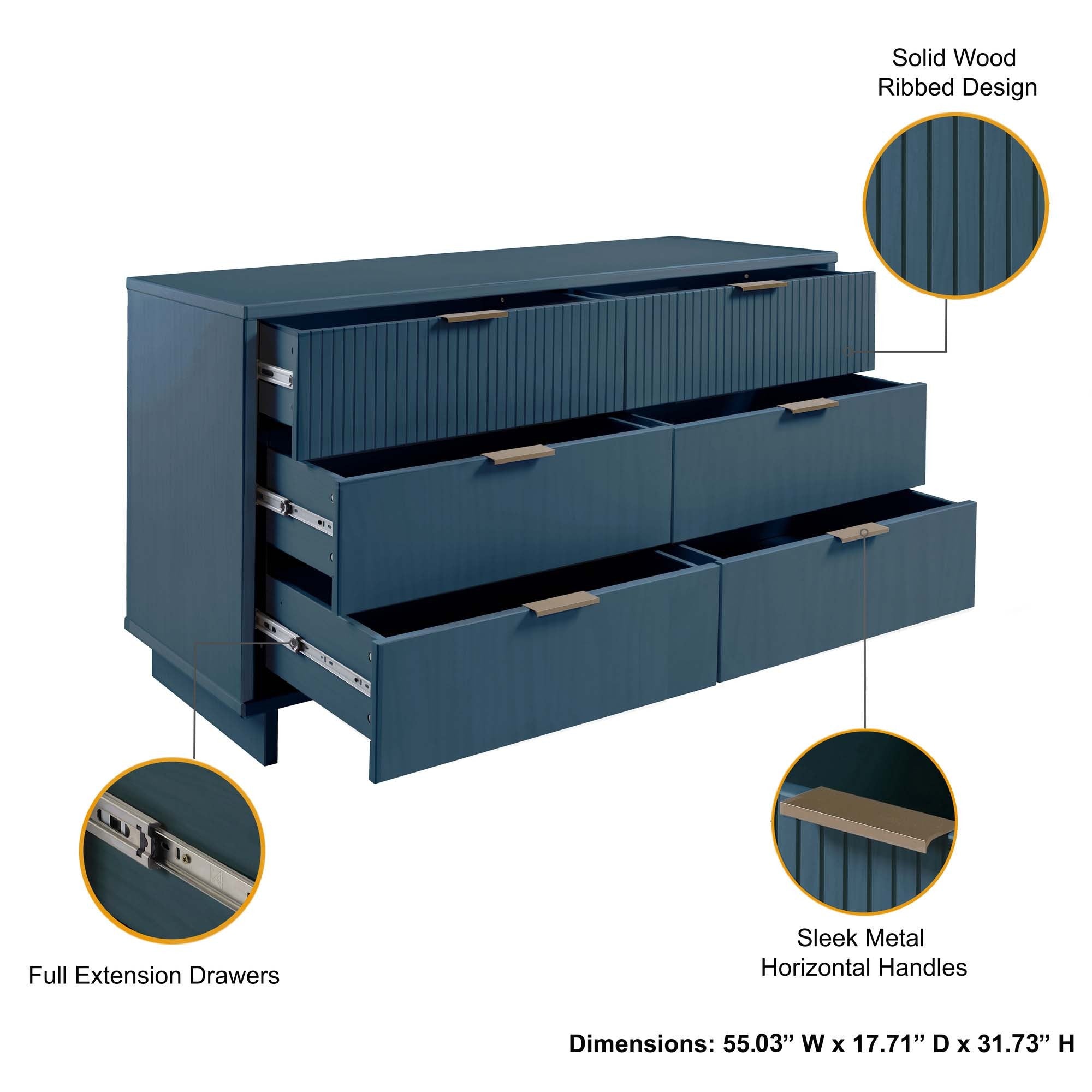 Granville 55" Double Wide 6 Drawer Dresser in Midnight Blue | Modern Solid Wood Chest of Drawers | MidinMod