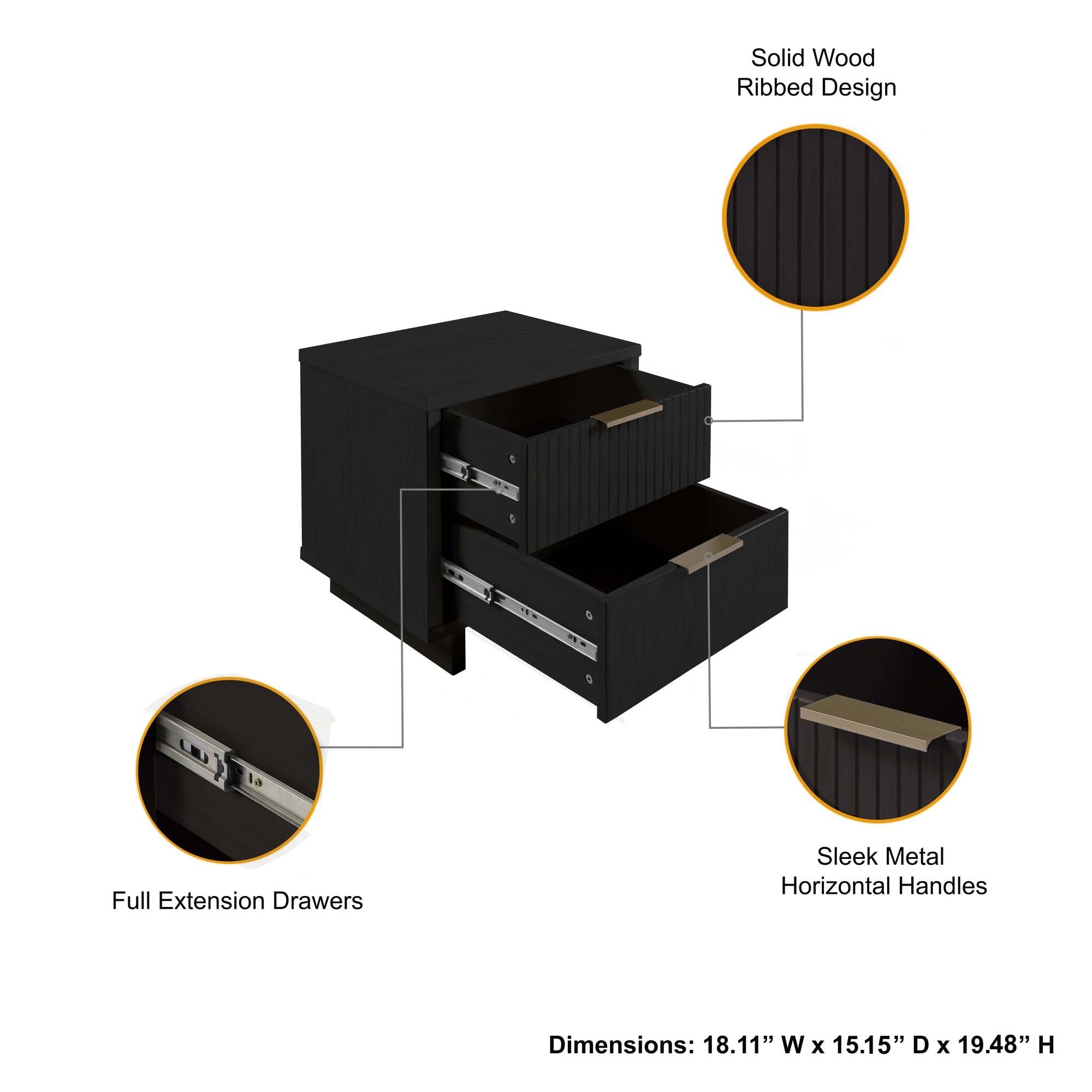 Granville Modern Black Solid Wood 2-Drawer Nightstand | MidinMod