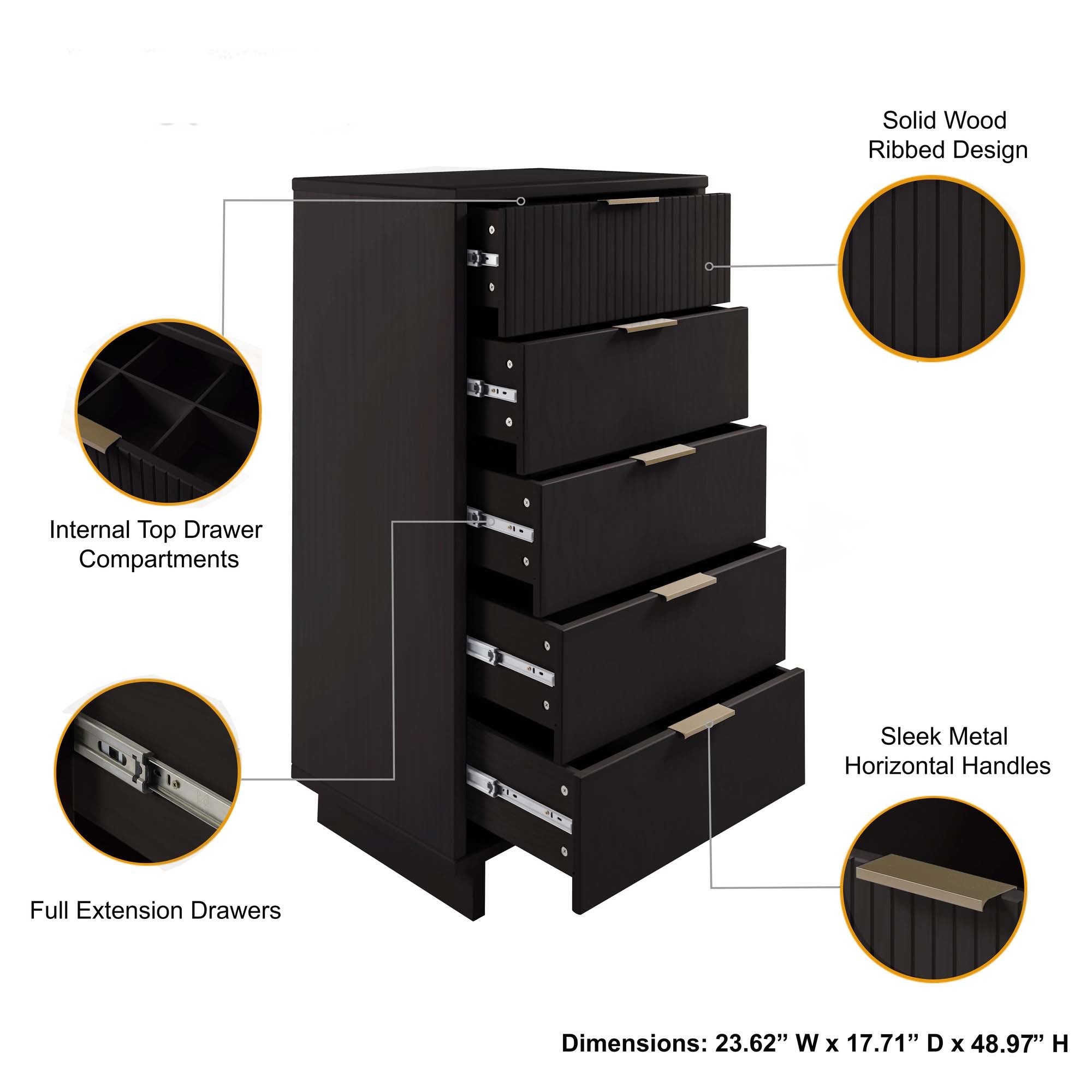 Granville Tall Narrow Black Dresser | Modern Solid Wood Chest