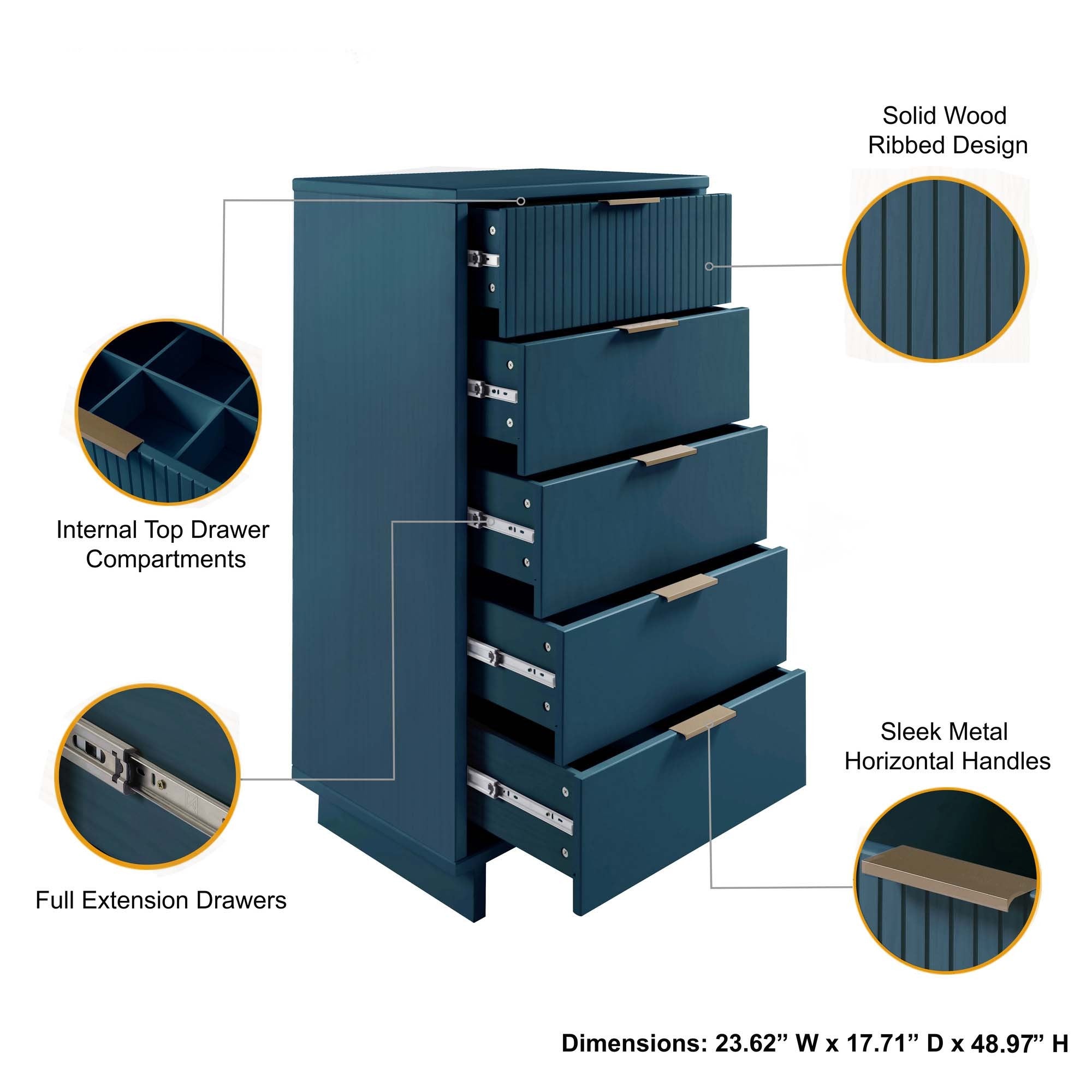 Granville Tall Narrow Midnight Blue Dresser | Modern Solid Wood Chest of Drawers | MidinMod