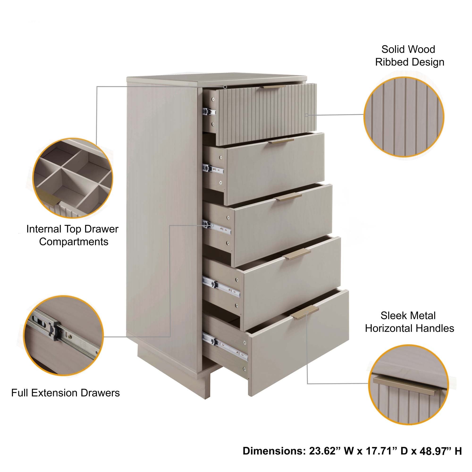 Granville Tall Narrow Dresser in Light Grey | Modern Solid Wood Chest of Drawers | MidinMod