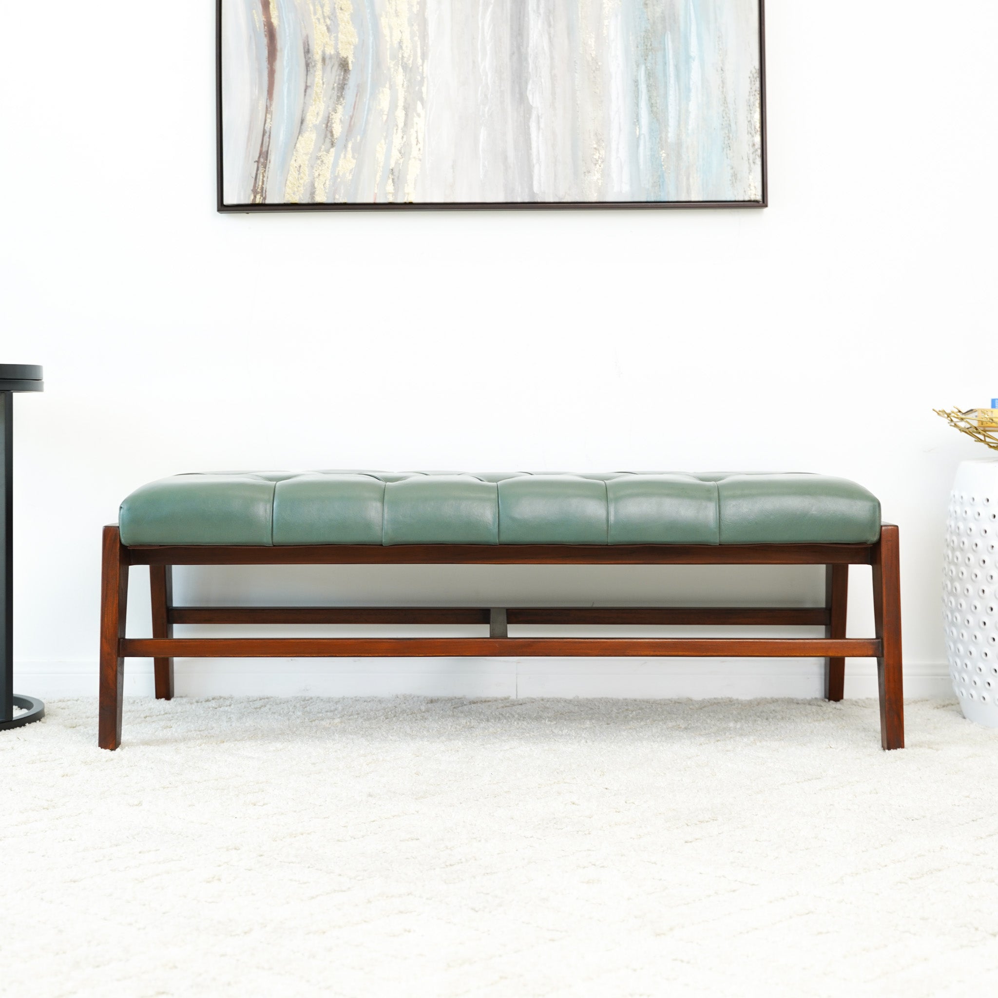 Hammond Green Leather Bench with Buttons - MidinMod