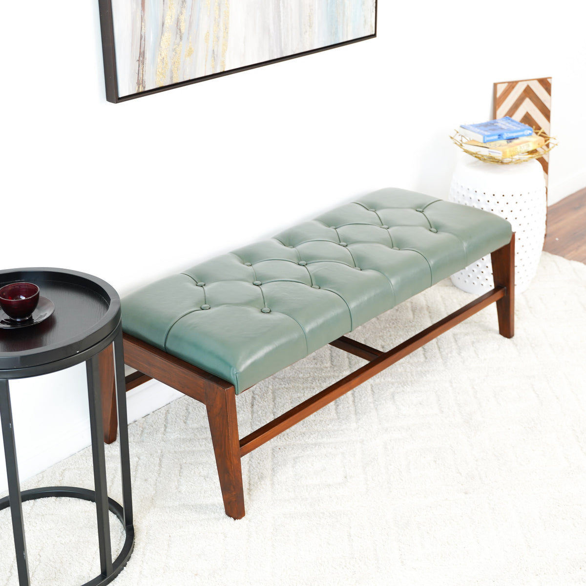 Hammond Green Leather Bench with Buttons