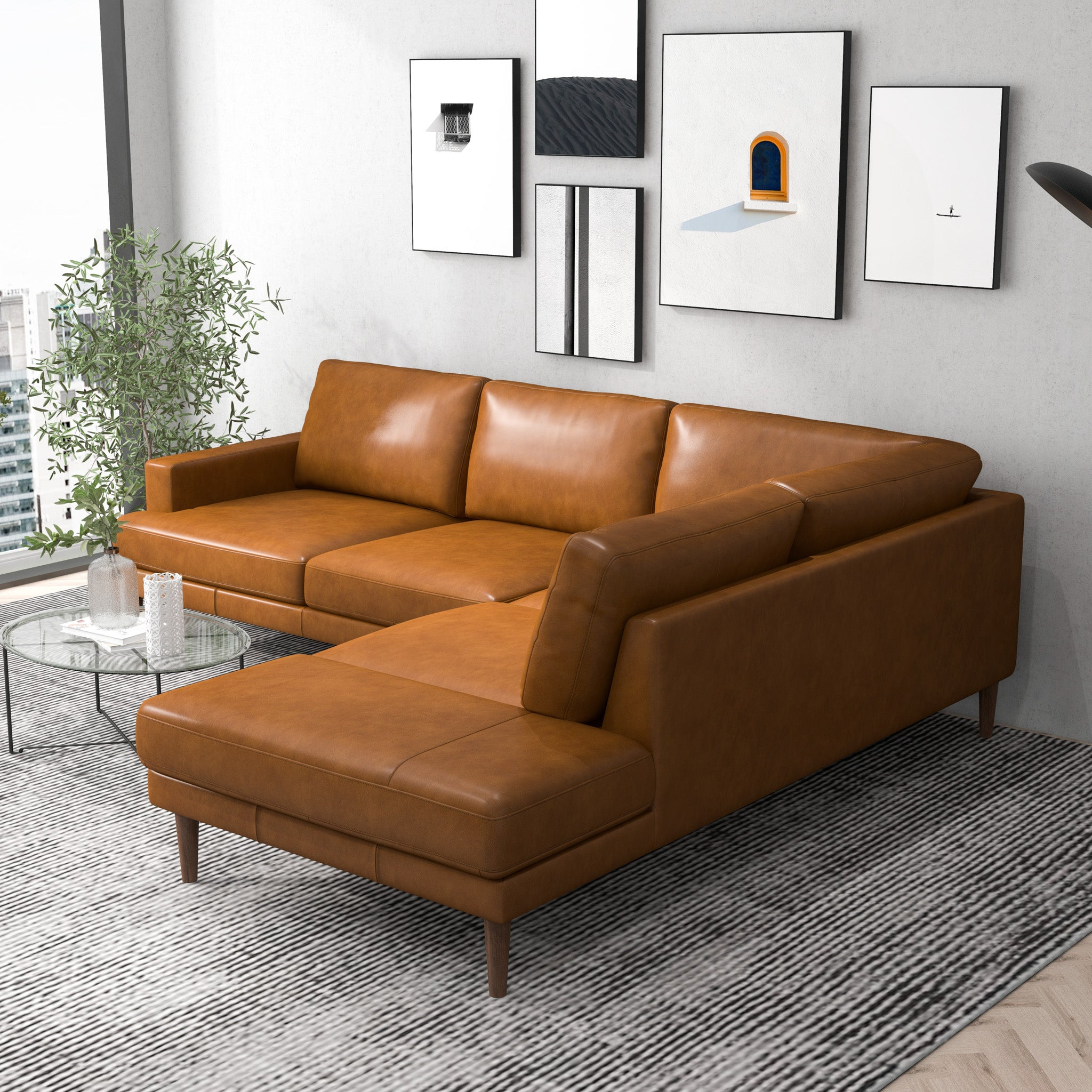 Harmony Tan Leather Sectional Sofa Right Facing Chaise - MidinMod