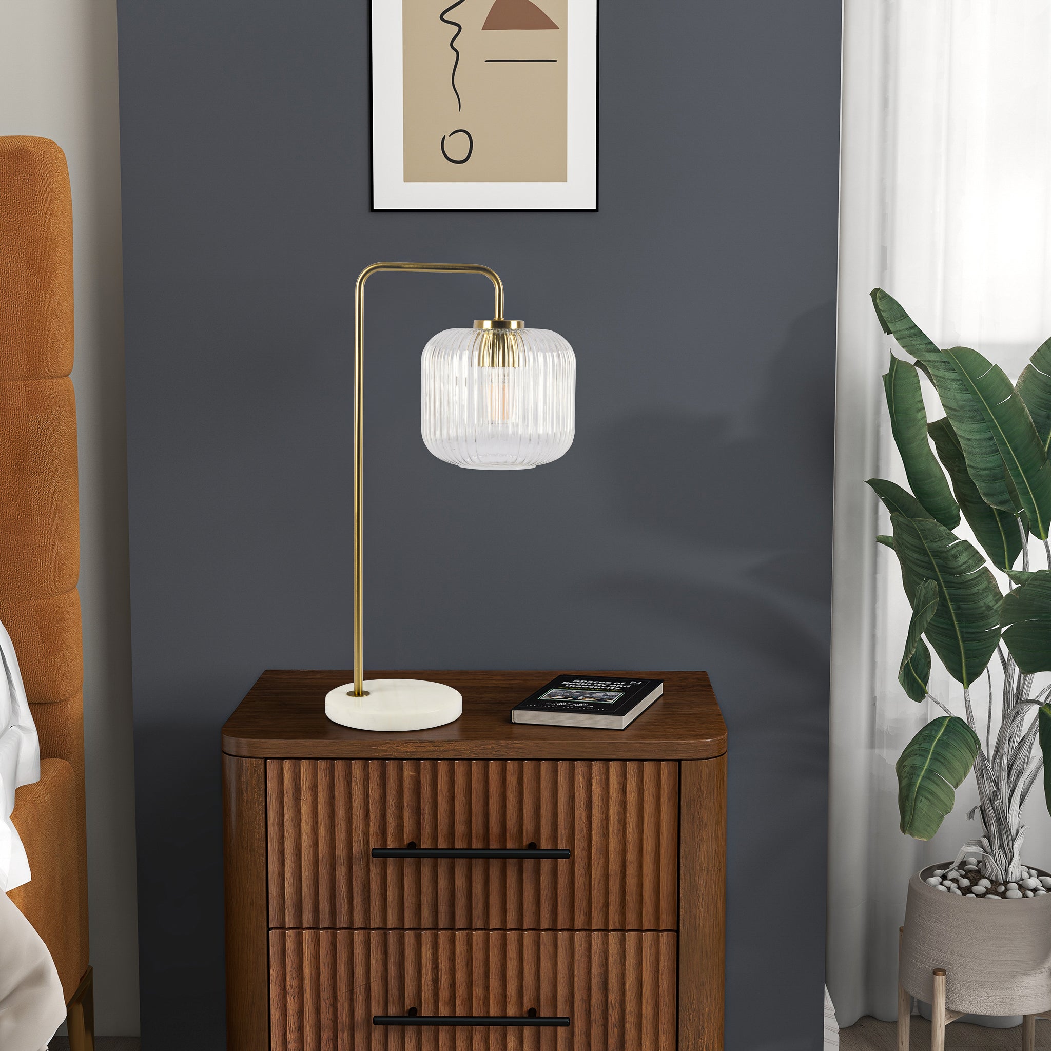 Haven Clear Glass Table Lamp, Gold Brush Metal and Marble Base, Button Control - MidinMod