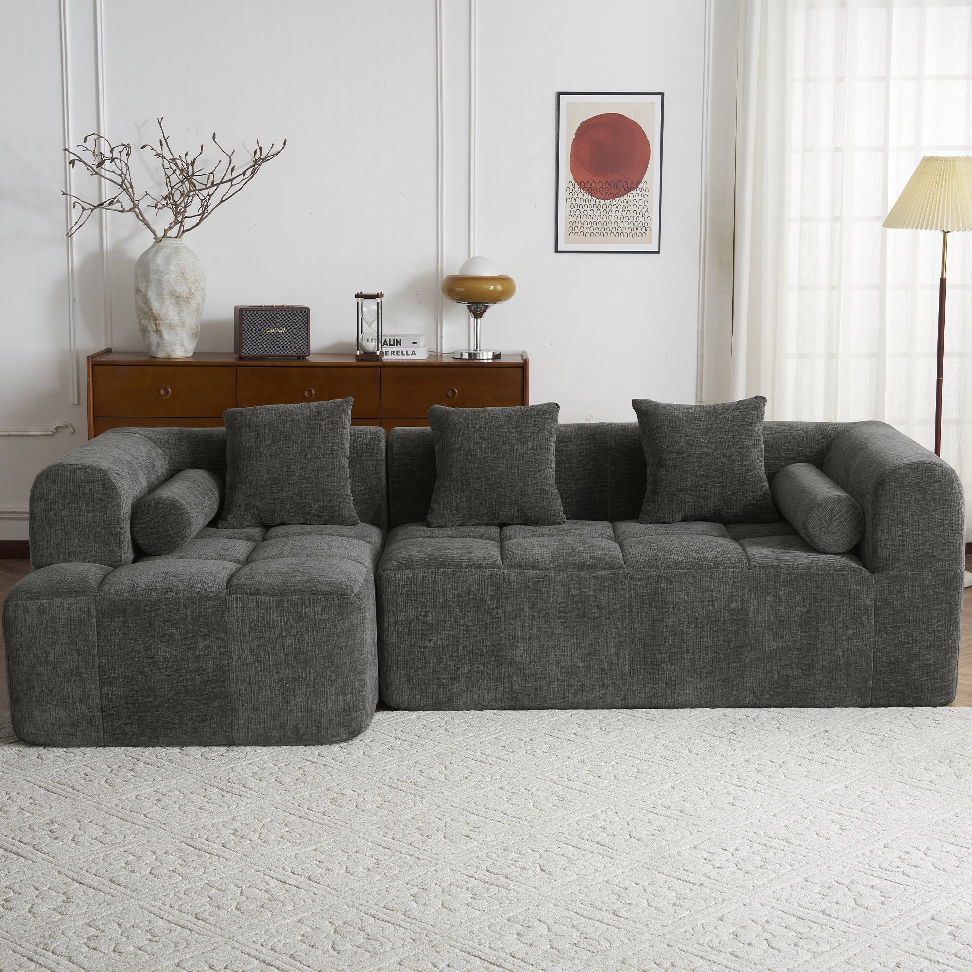 Haworth Grey Chenille 3-Seat Modular Tufted Sectional Sofa with Rolled Arms - MidinMod
