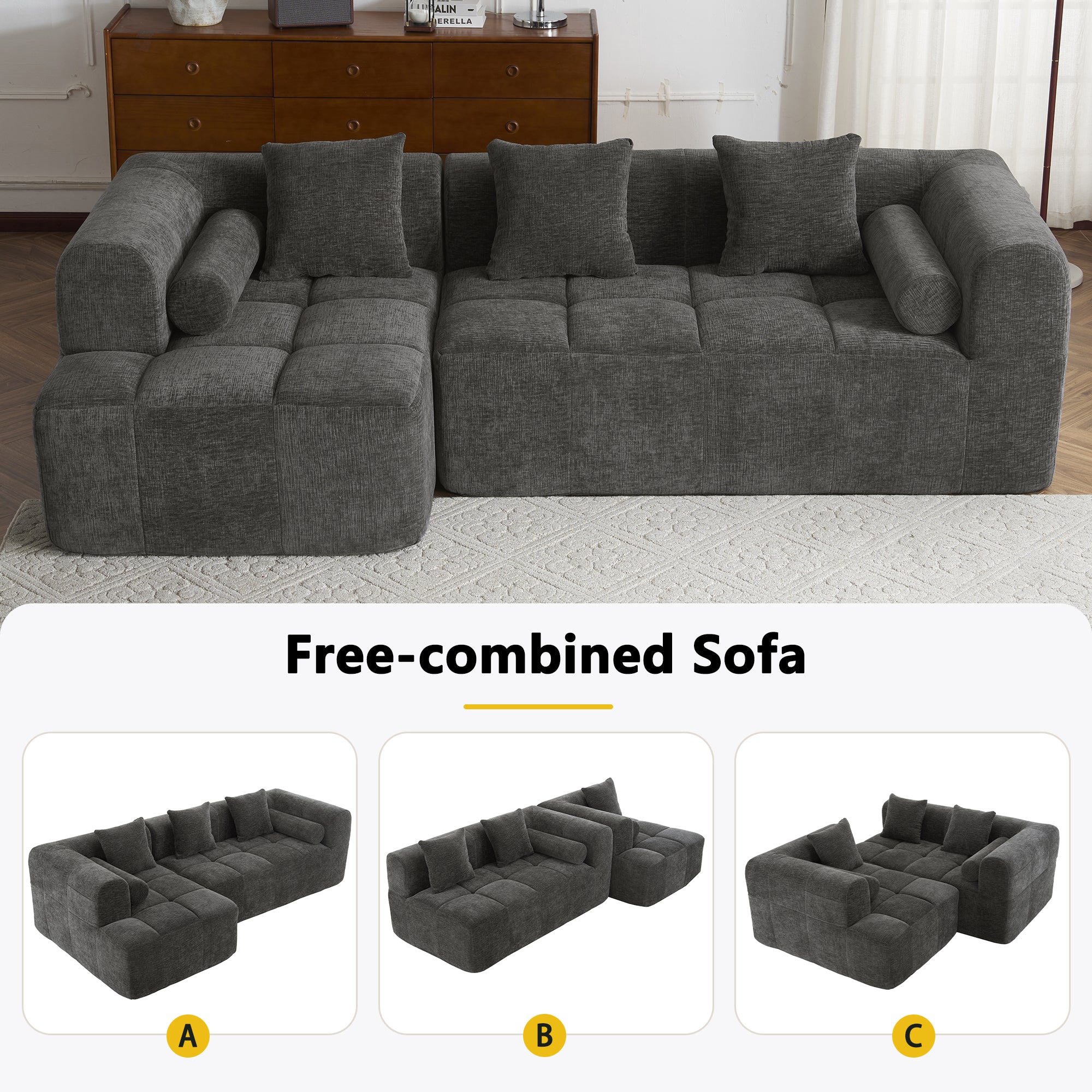 Haworth Grey Chenille 3-Seat Modular Tufted Sectional Sofa with Rolled Arms - MidinMod