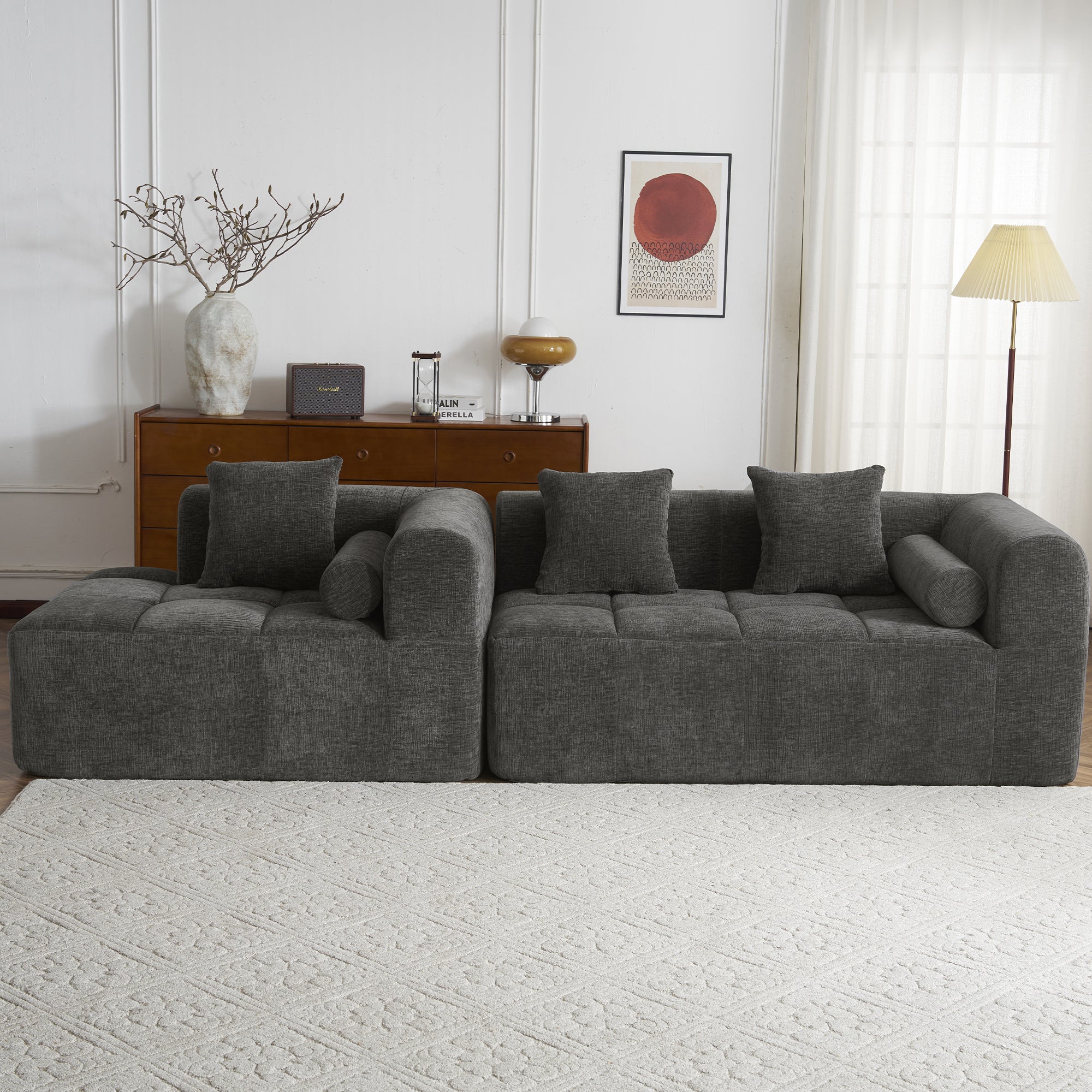 Haworth Grey Chenille 3-Seat Modular Tufted Sectional Sofa with Rolled Arms - MidinMod