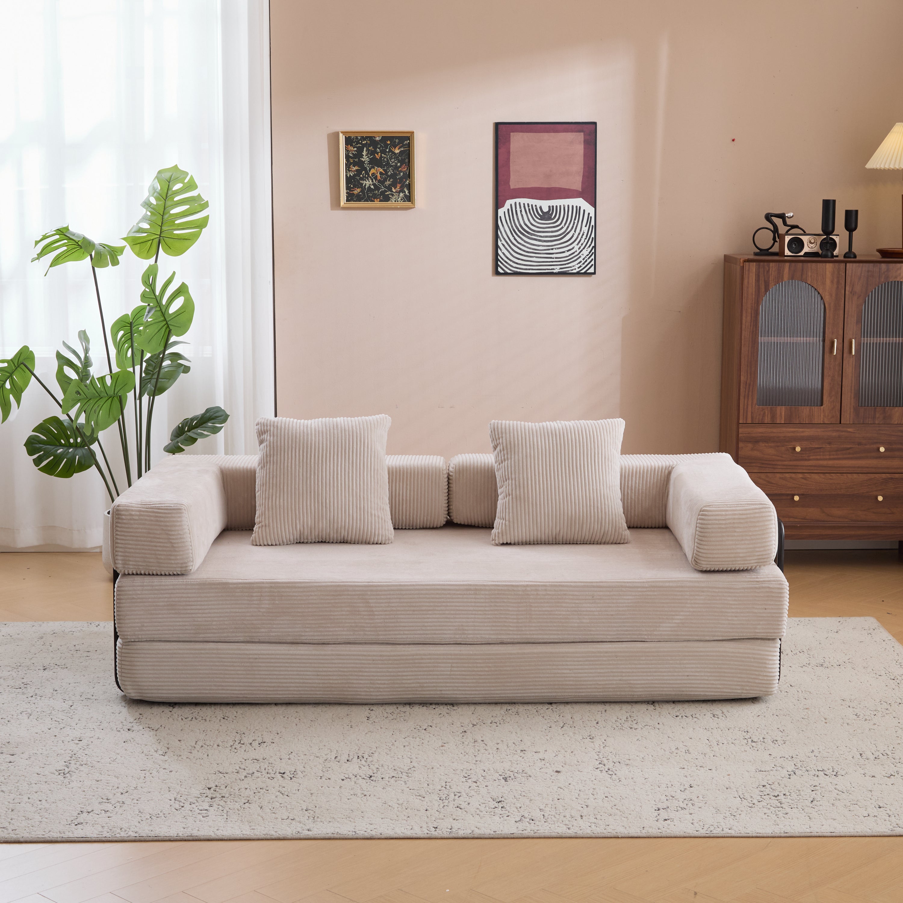 Herman Light Grey Corduroy 3-Seat Convertible Foldable Futon Sofa Bed - MidinMod