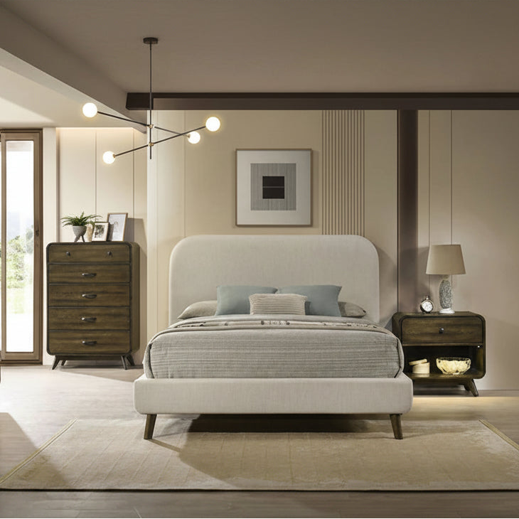 Heswall Rustic Oak Queen Bed | Mid-Century Modern Upholstered Platform Bed | MidinMod