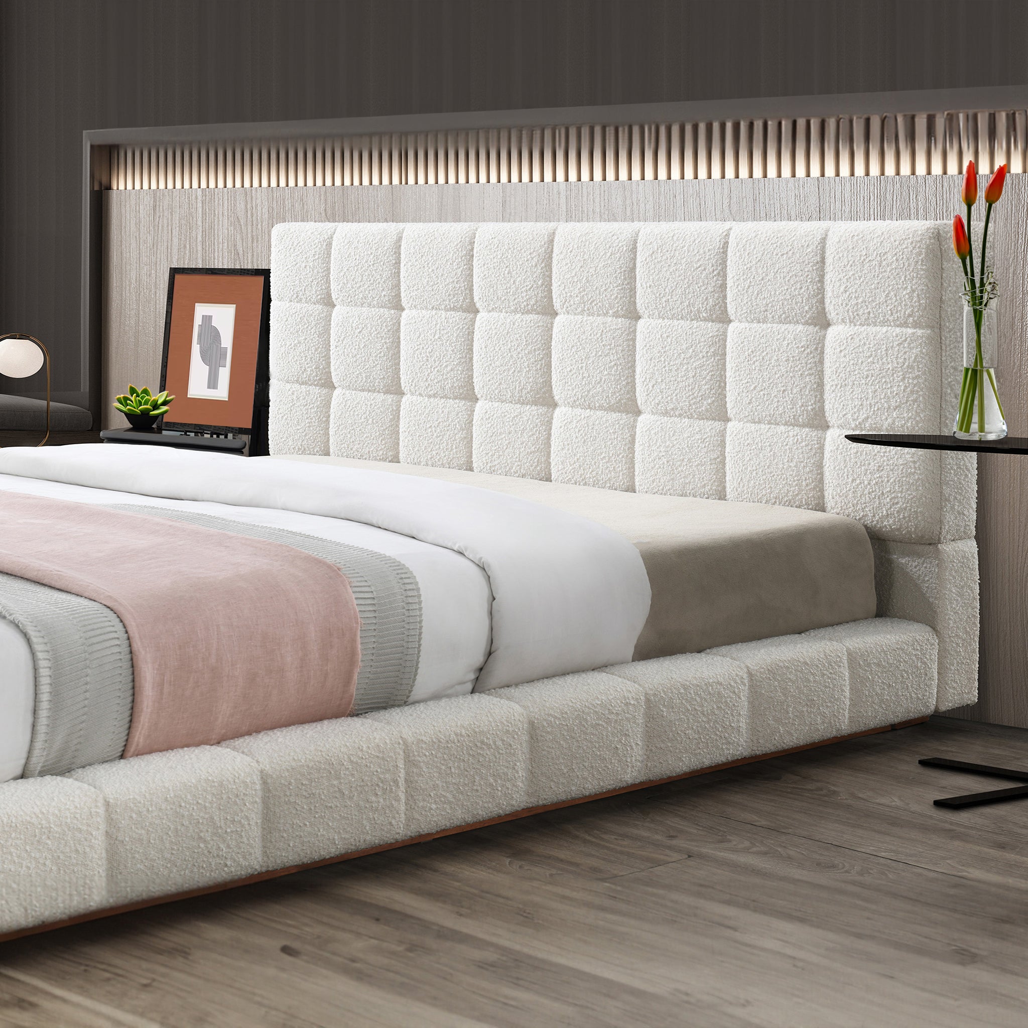 Hughes King Ivory Boucle Platform Bed - MidinMod