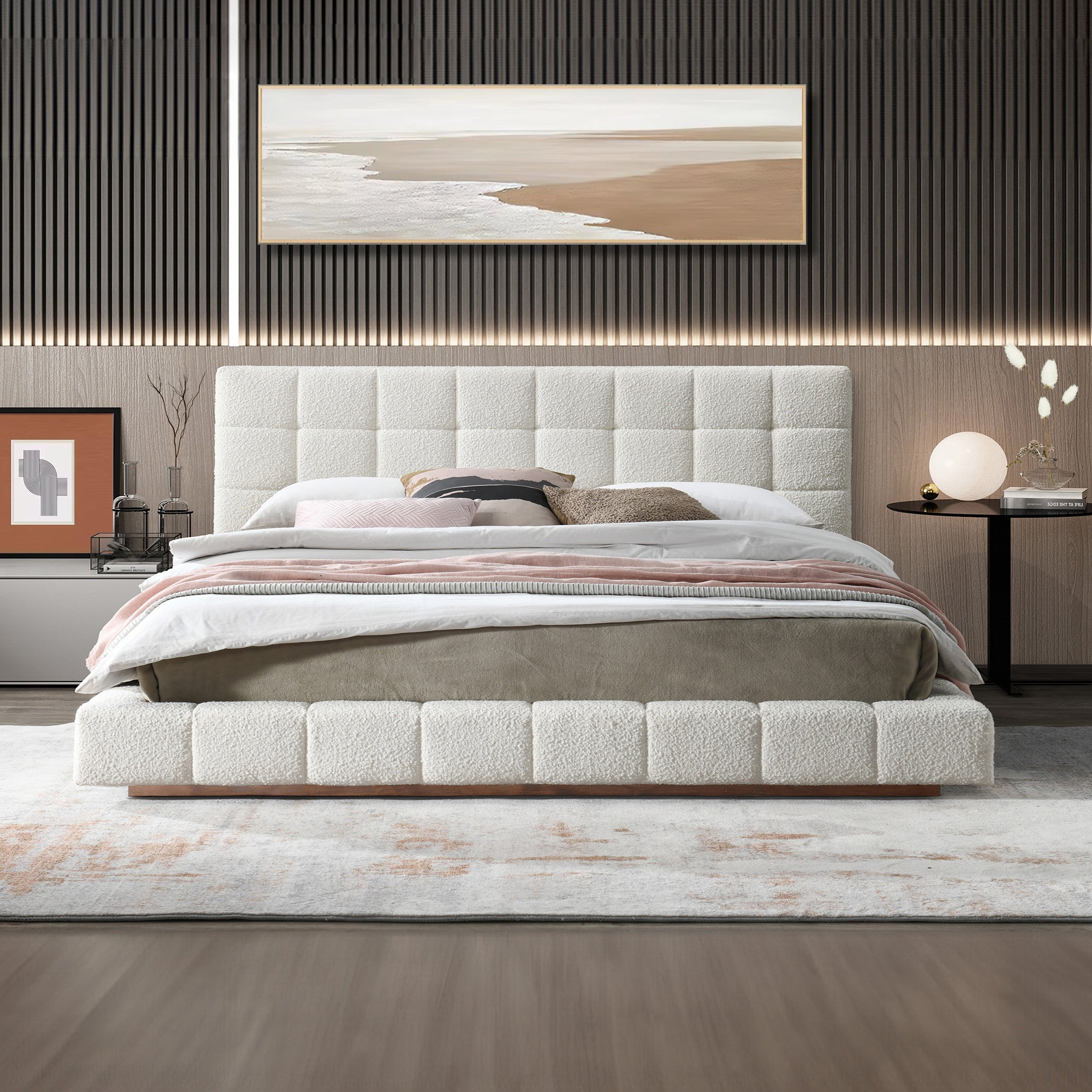 Hughes King Ivory Boucle Platform Bed - MidinMod