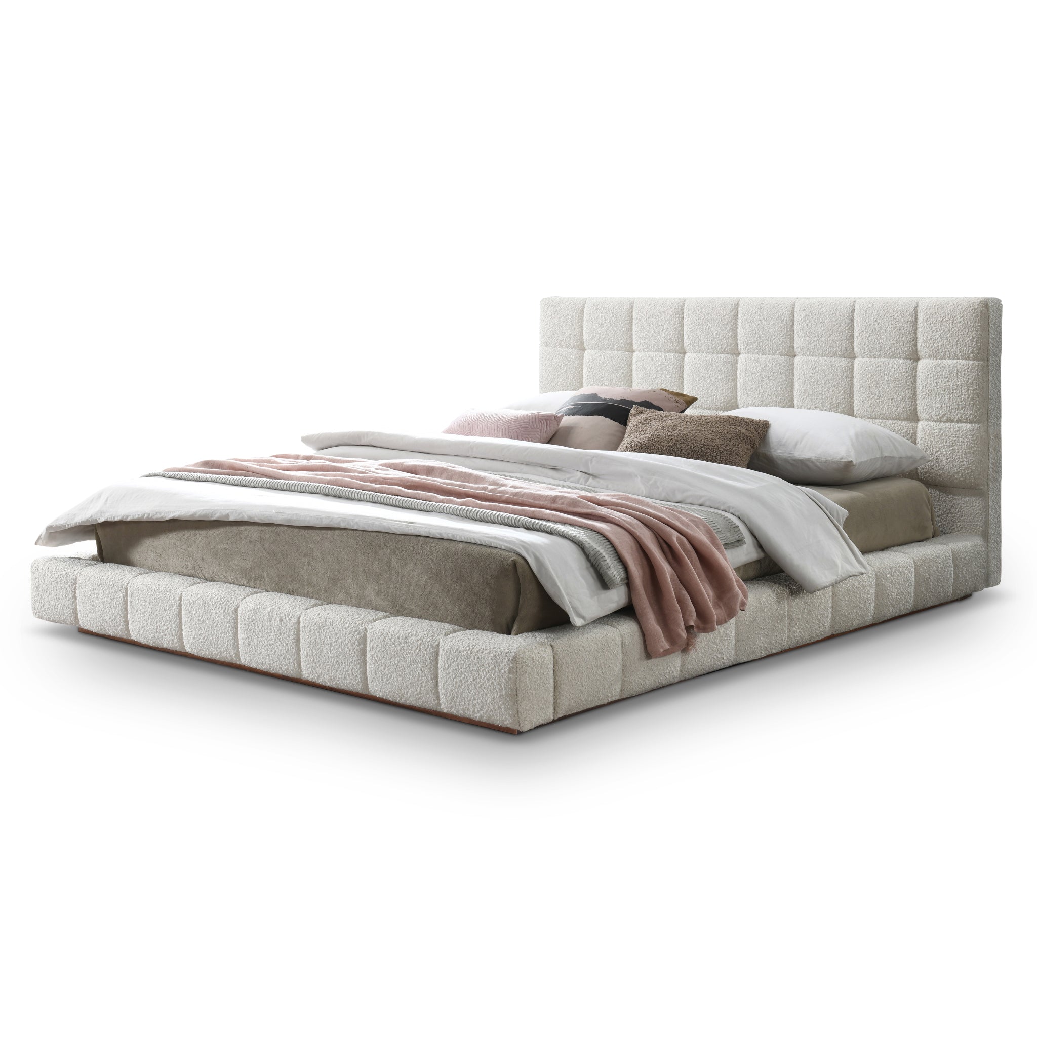 Hughes Queen Ivory Boucle Platform Bed - MidinMod