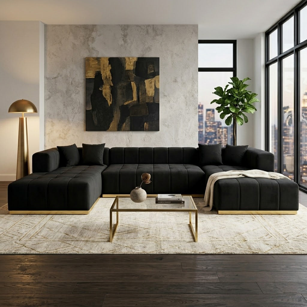 Olivia Black Velvet U-Shape Corner Sofa
