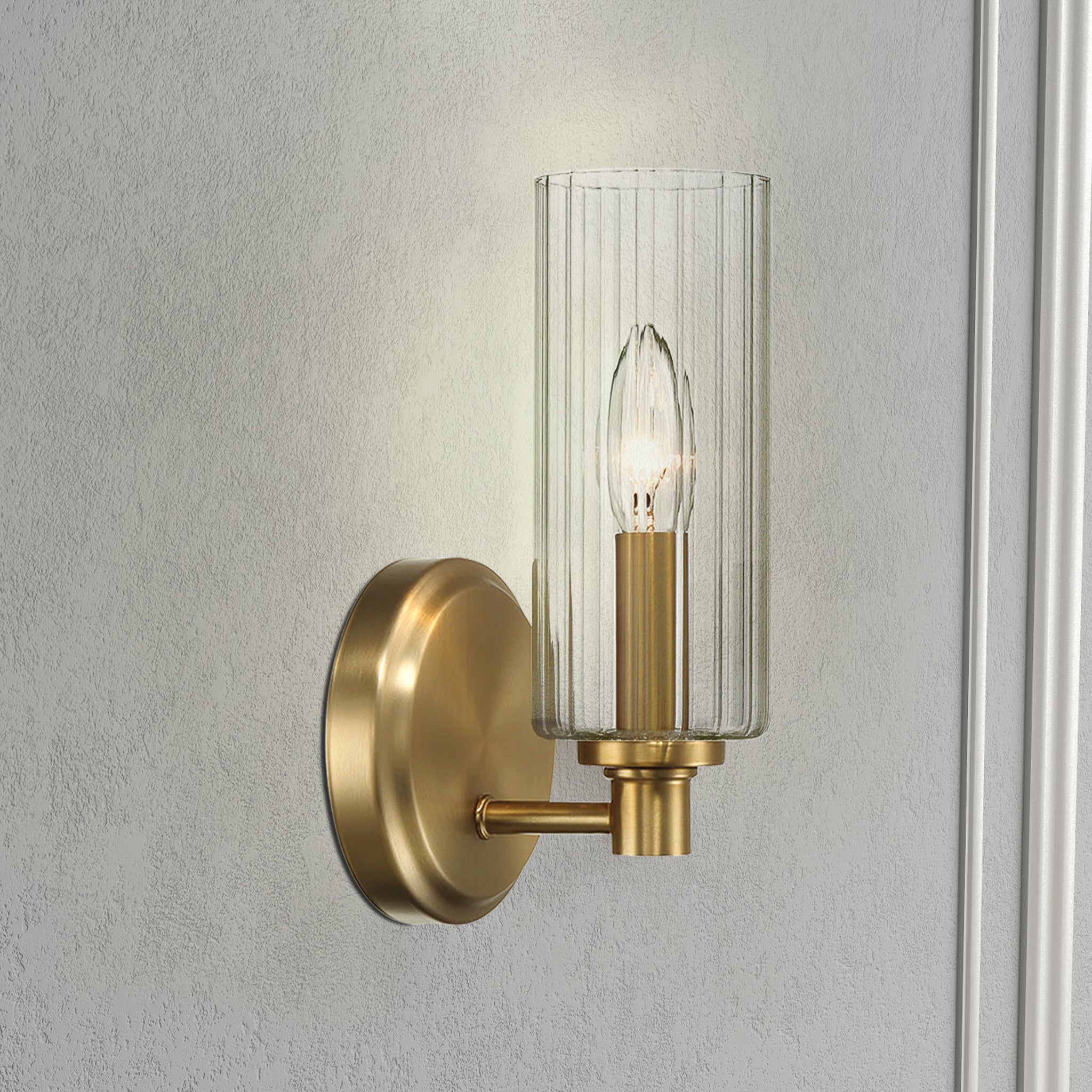 Jardin Single Light Wall Sconce With Clear Ribbed Glass - Satin Brass - MidinMod