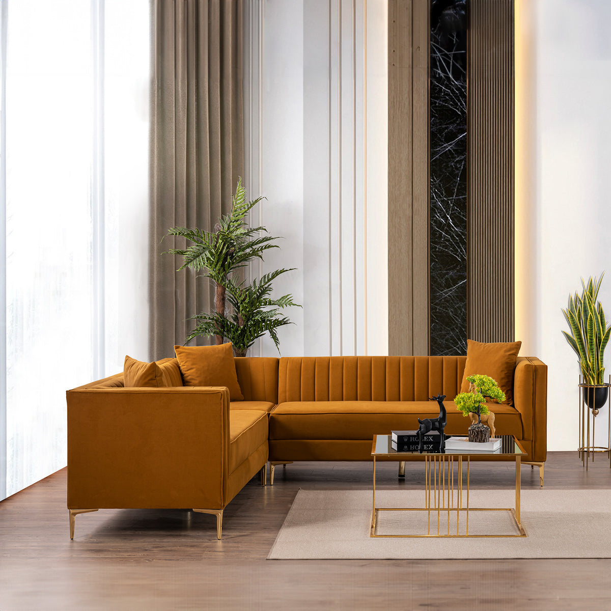 Kendra Cognac Velvet Symmetrical Corner Sofa