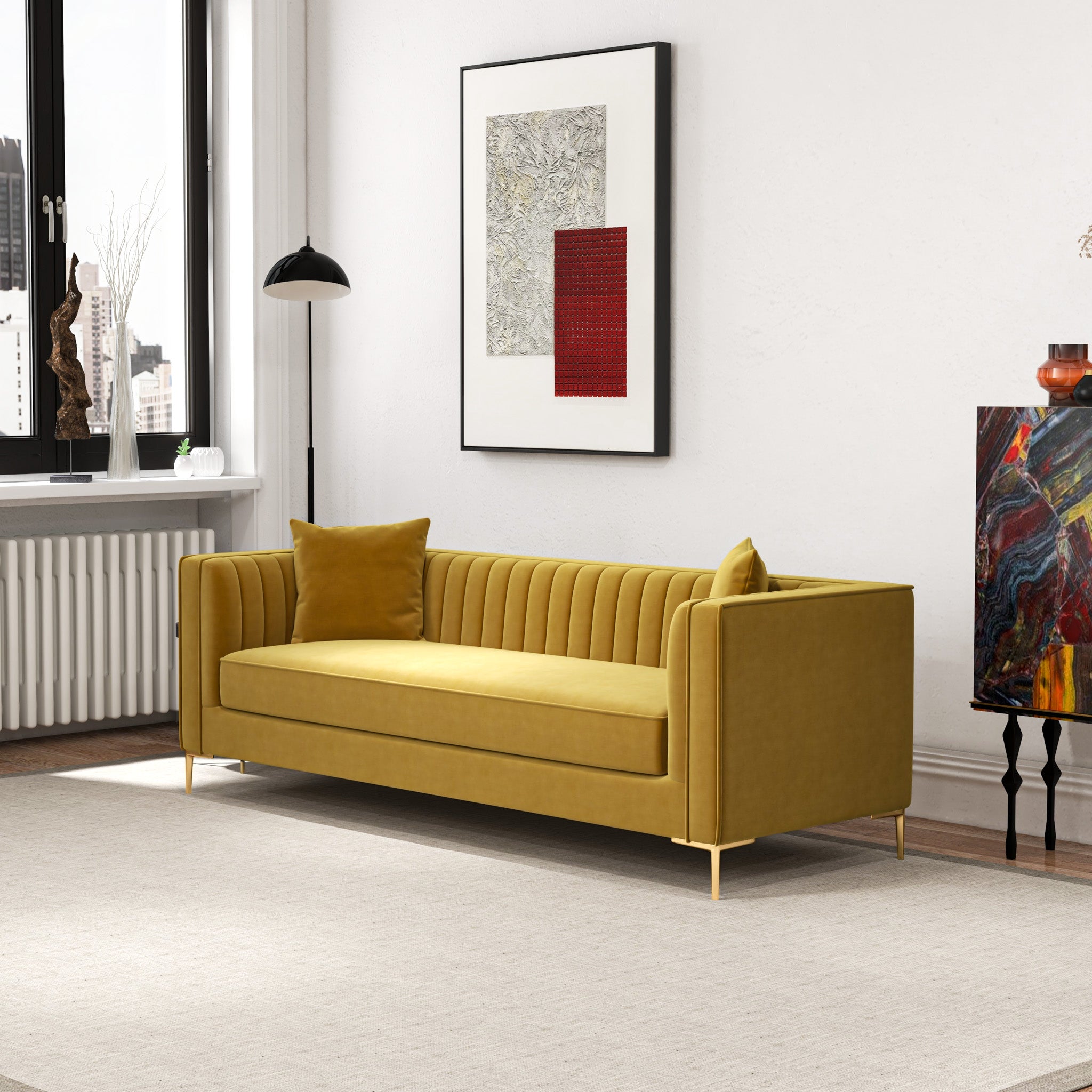 Kendra 91" Yellow Mustard Velvet Sofa