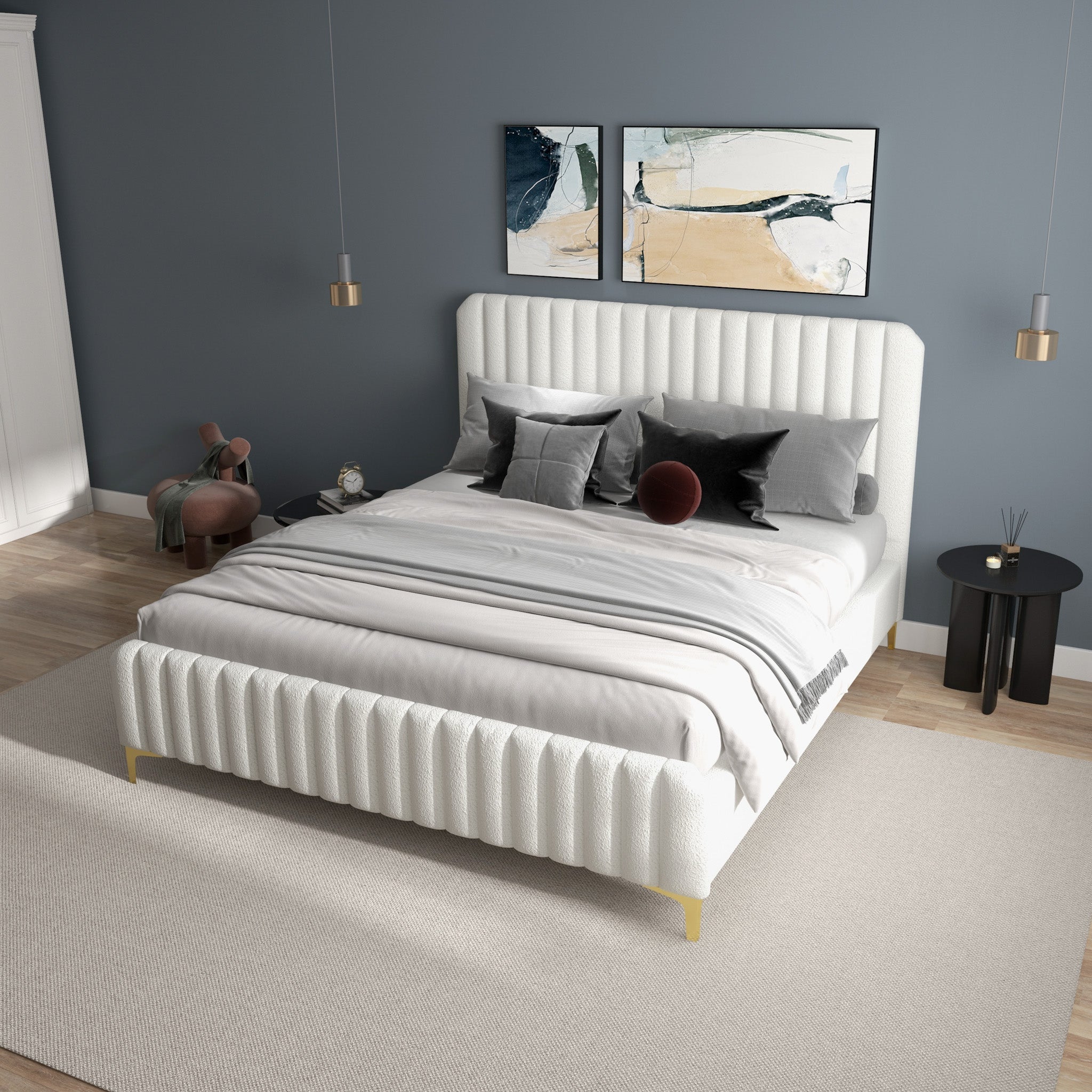 Angela King Size Cream Boucle Platform Bed - MidinMod