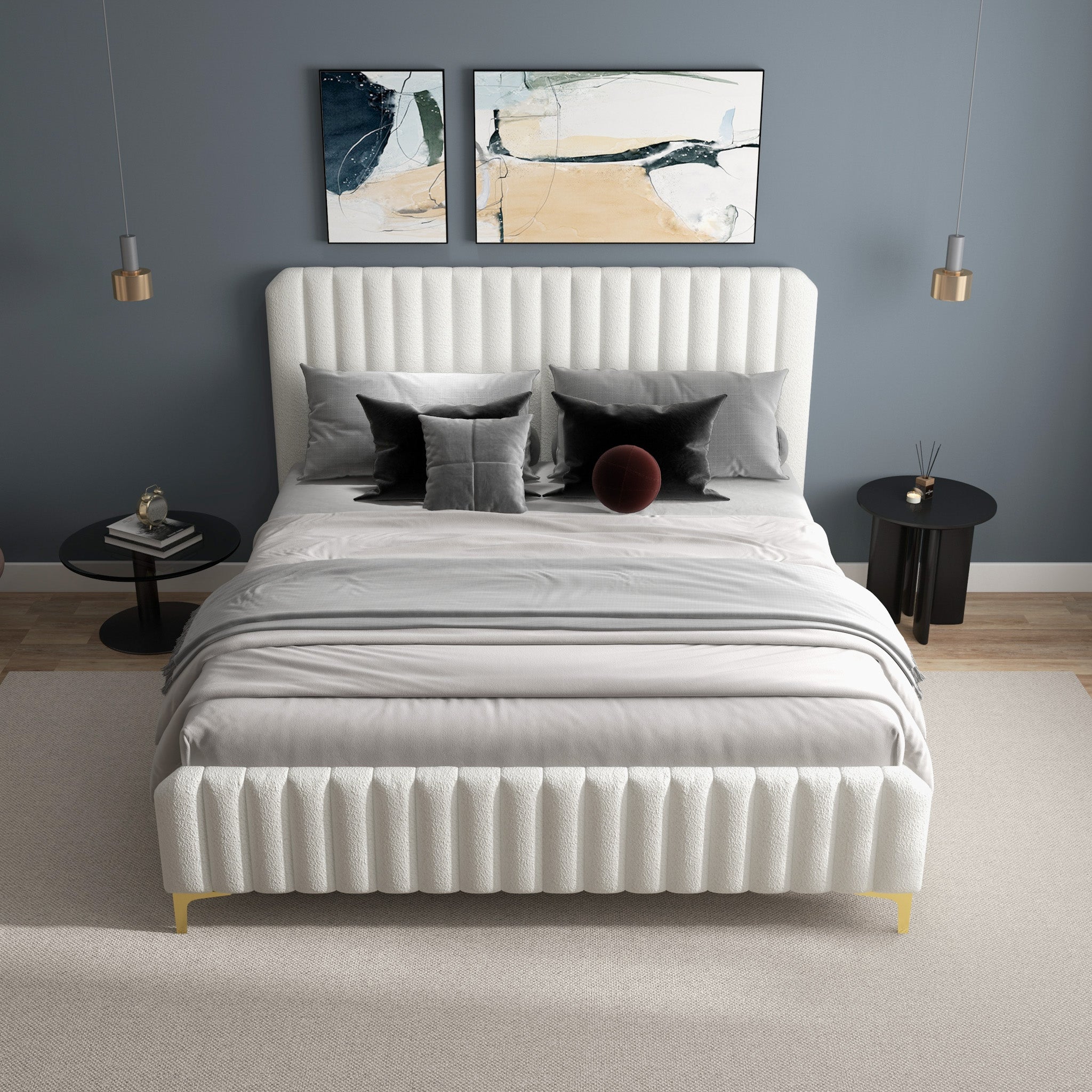 Angela King Size Cream Boucle Platform Bed - MidinMod