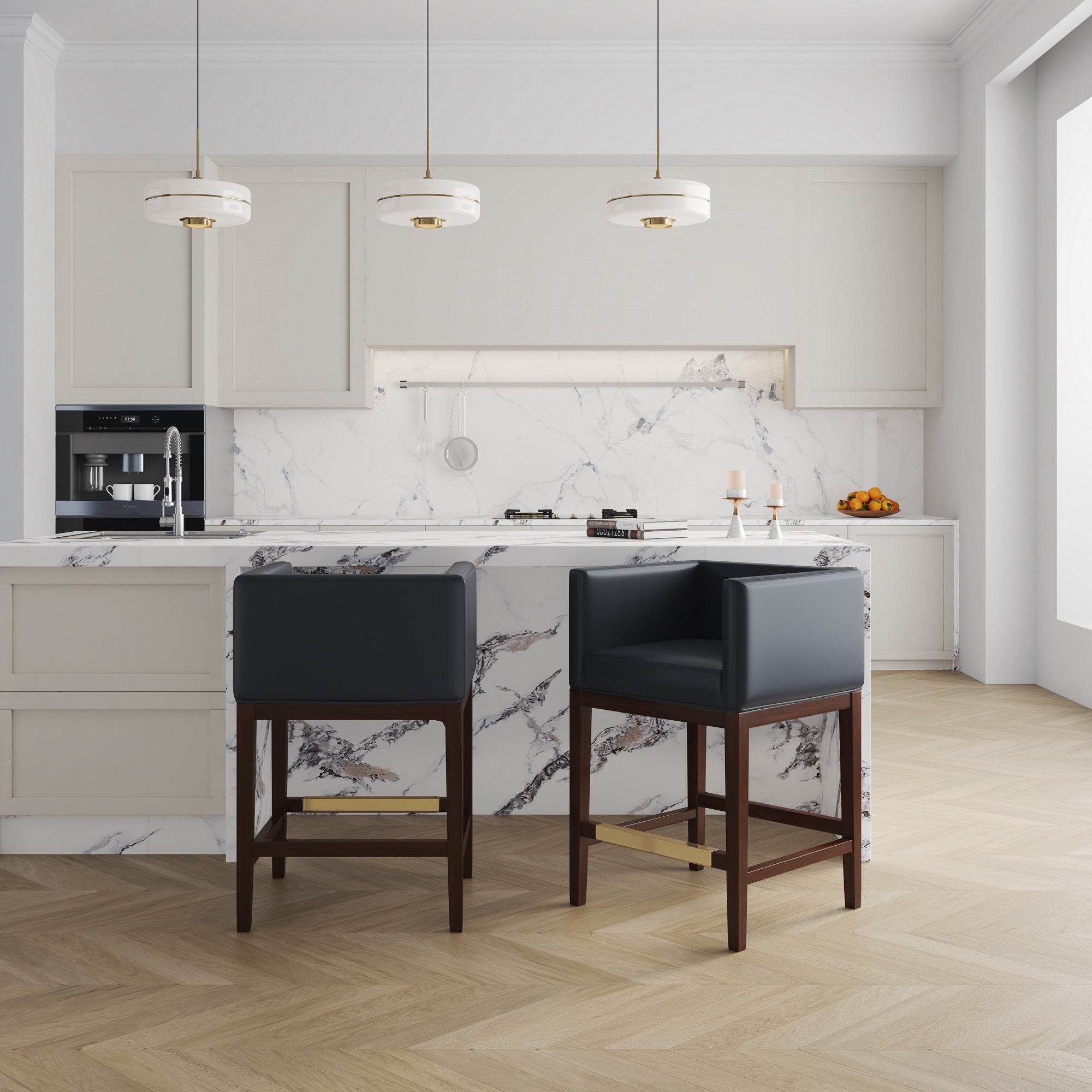 Kingsley Black Counter Stool | Modern Leather Upholstered Seating with Backrest | MidinMod