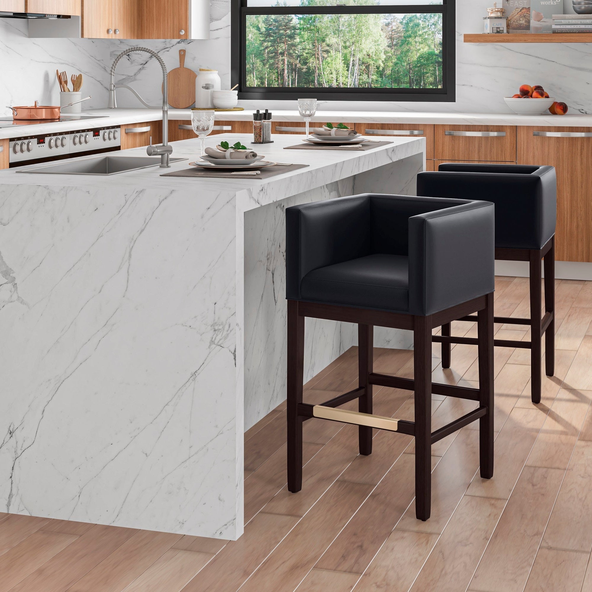 Kingsley Black Counter Stool | Modern Leather Upholstered Seating with Backrest | MidinMod