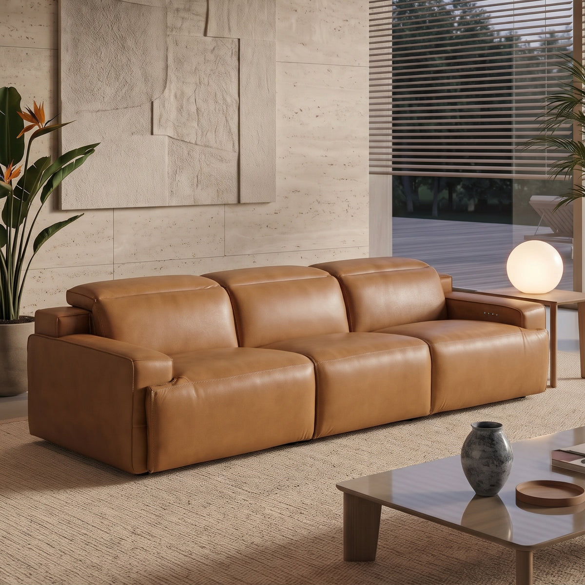 Lakewood 120" Triple PWR Recliner Sofa - Tan Leather