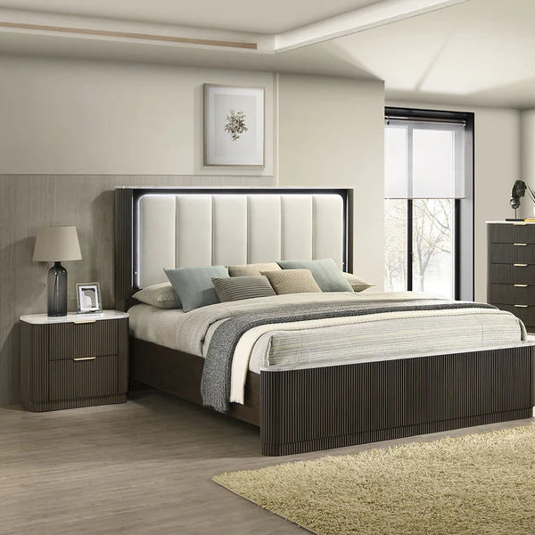 Lantrisant Dark Walnut Nightstand | Contemporary Bedside Table with Artificial Marble Top | MidinMod