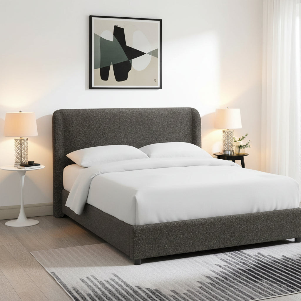 Laverni Gray Eastern King Bed | Contemporary Boucle Shelter Headboard Bed | MidinMod