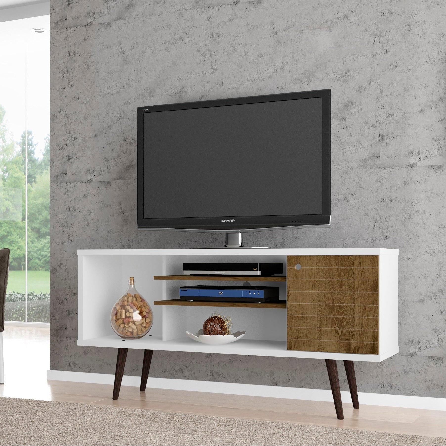 Liberty 53" TV Stand | Mid-Century Modern White & Rustic Brown Media Console | MidinMod
