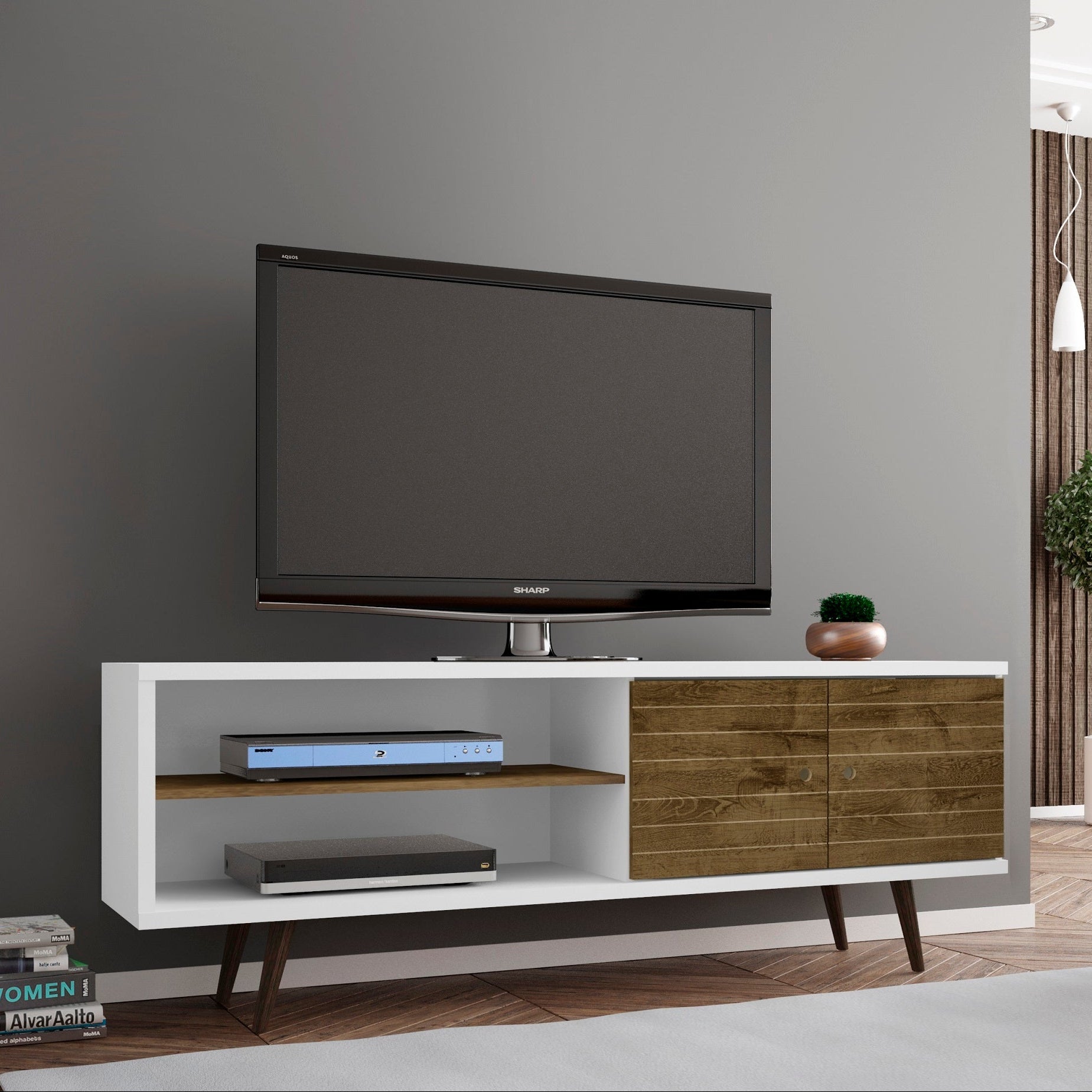 Liberty 63" Mid-Century TV Stand | White &a Rustic Brown Modern Media Console | MidinMod