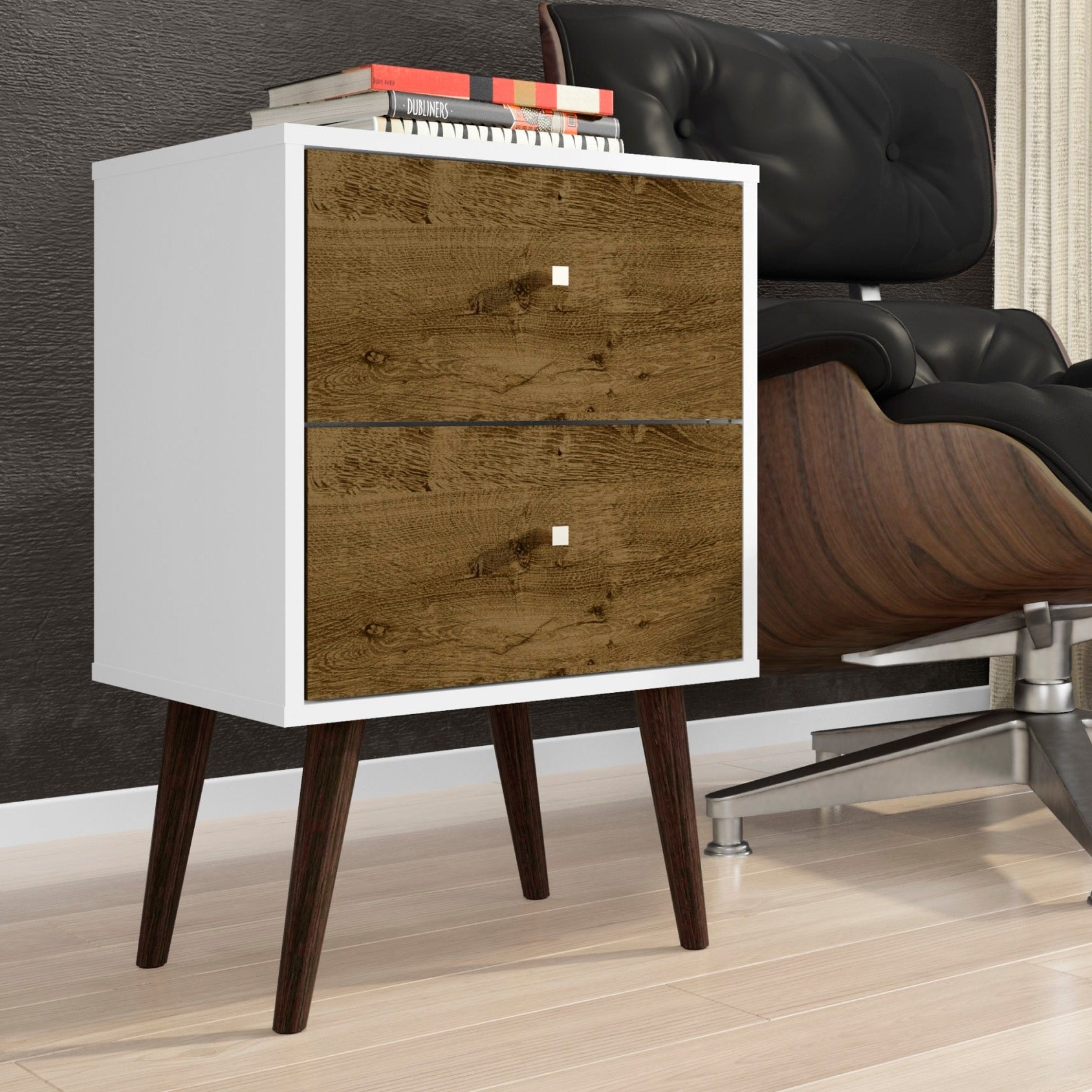 Liberty 2.0 Nightstand | Mid-Century Modern White & Rustic Brown Bedside Table | MidinMod