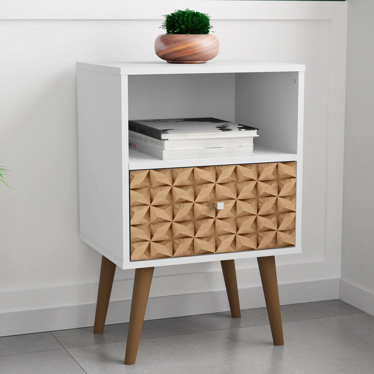Liberty 1.0 White &amp; 3D Brown Print Modern Bedside Nightstand | MidinMod
