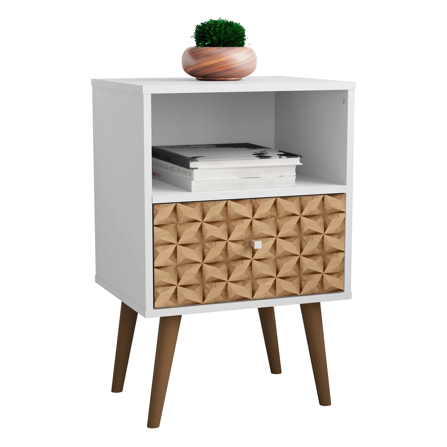 Liberty 1.0 White &amp; 3D Brown Print Modern Bedside Nightstand | MidinMod