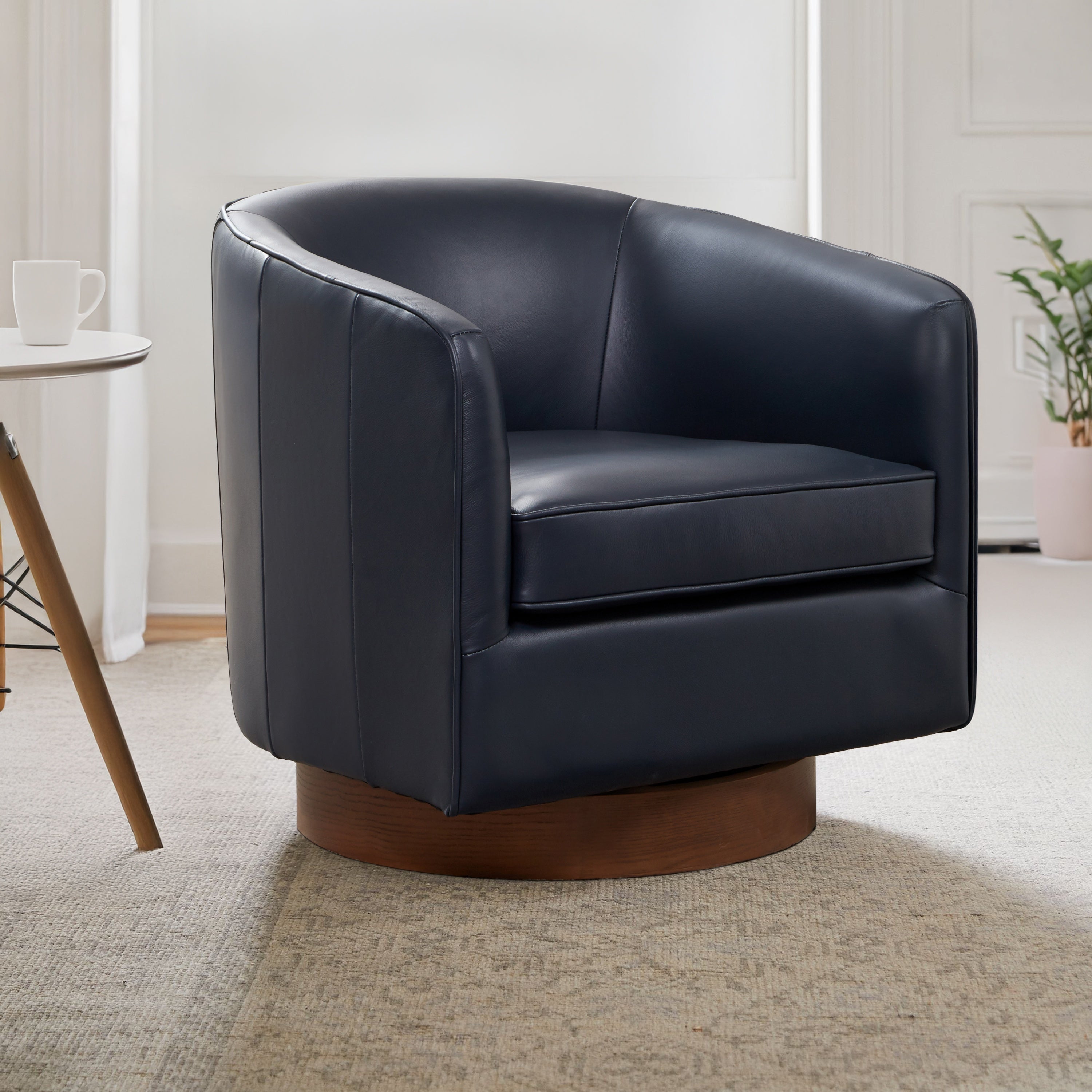 Maisy Dark Navy Top Grain Leather Swivel Accent Chair - MidinMod
