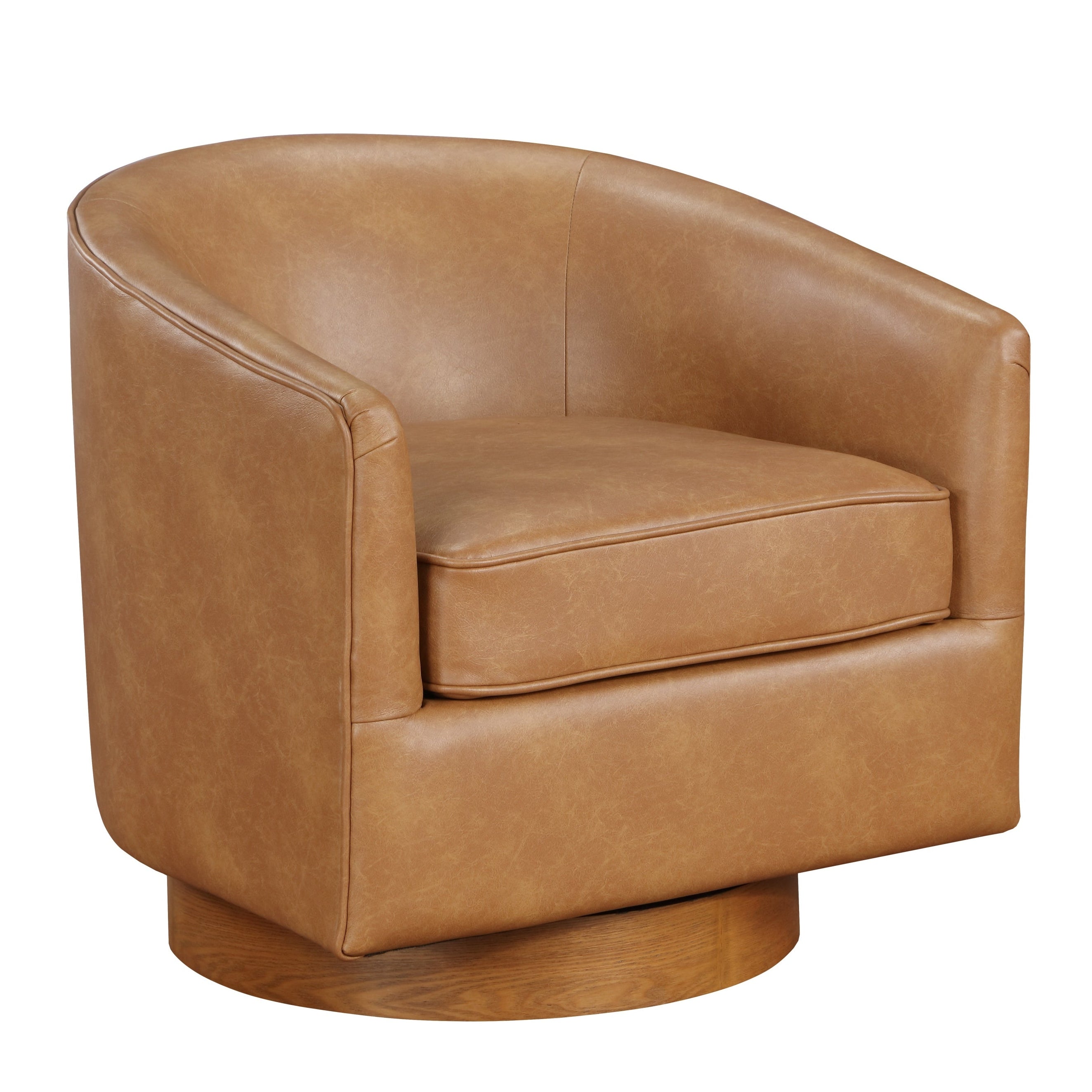 Maisy Saddle Faux Leather Wood Base Barrel Swivel Chair - MidinMod