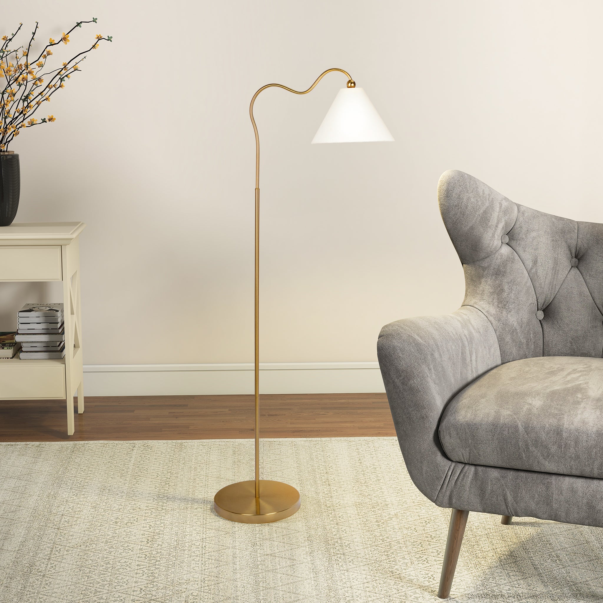 Majestic Brass Ring Base Floor Lamp with Triangle White Drum Shade - MidinMod