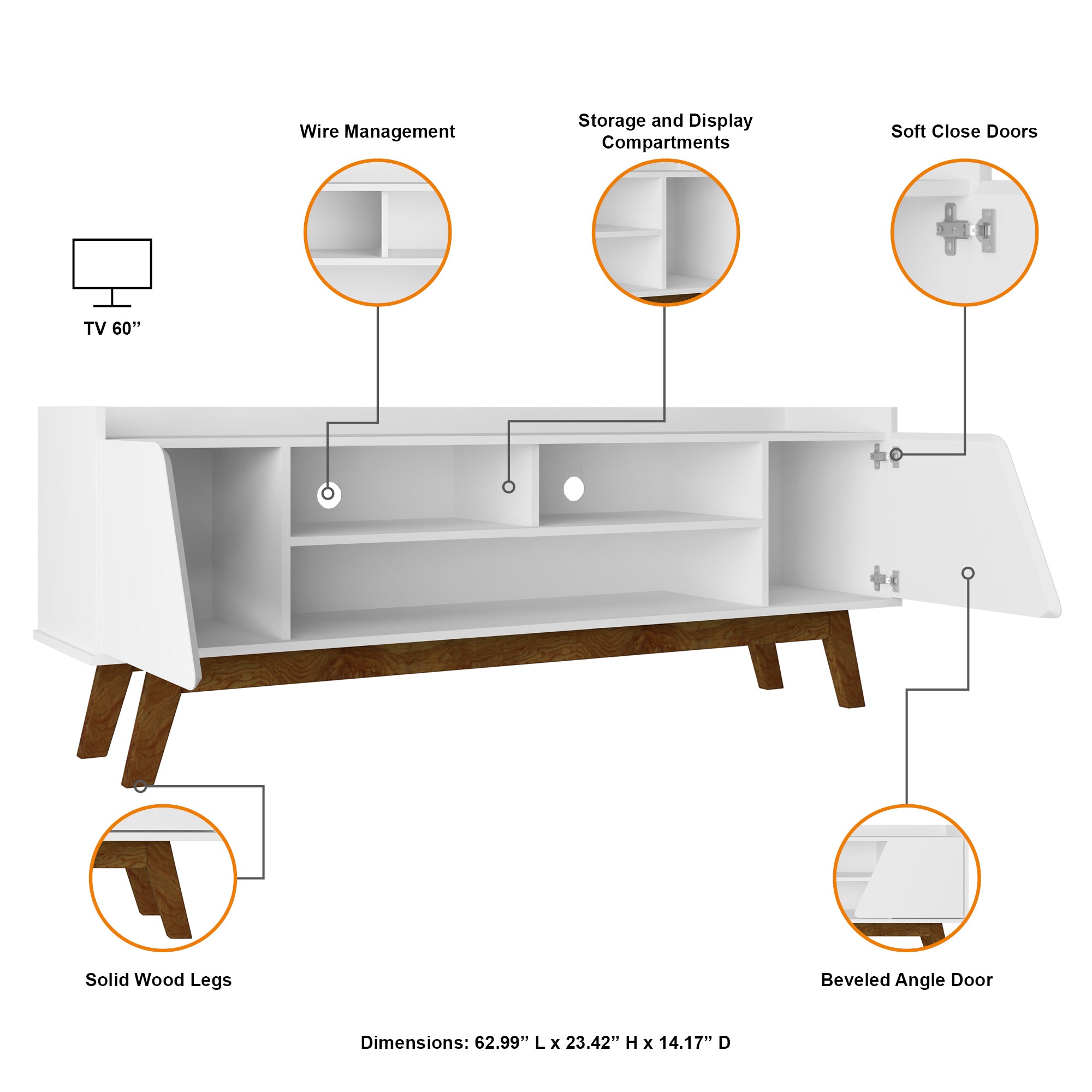 Marcus 63" TV Stand in White | Modern Media Center & Entertainment Console | MidinMod