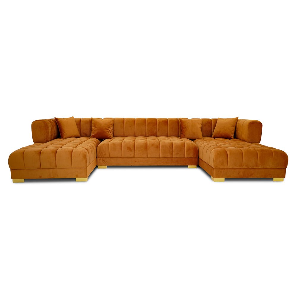 Mayford Cognac Velvet U - Shape Corner Sofa - MidinMod Houston Tx Mid Century Furniture Store - Modular Sectional Sofas 1