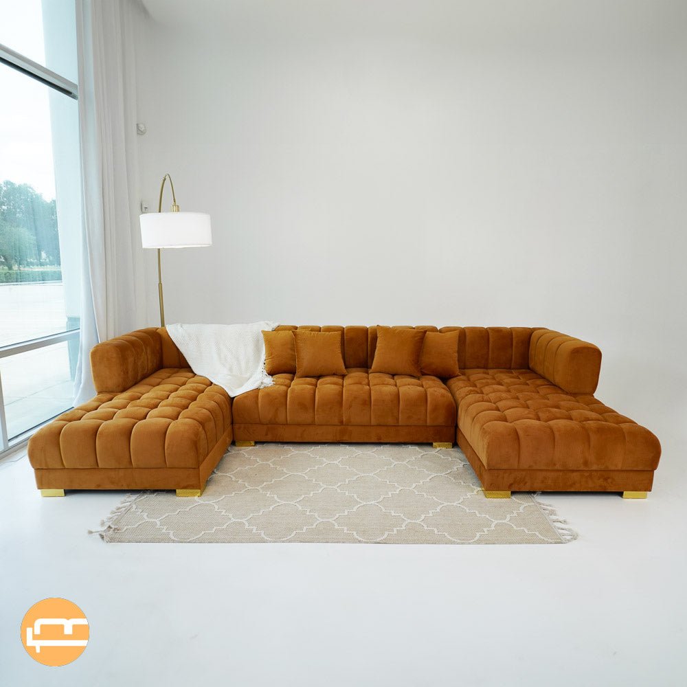 Mayford Cognac Velvet U - Shape Corner Sofa - MidinMod Houston Tx Mid Century Furniture Store - Modular Sectional Sofas 2