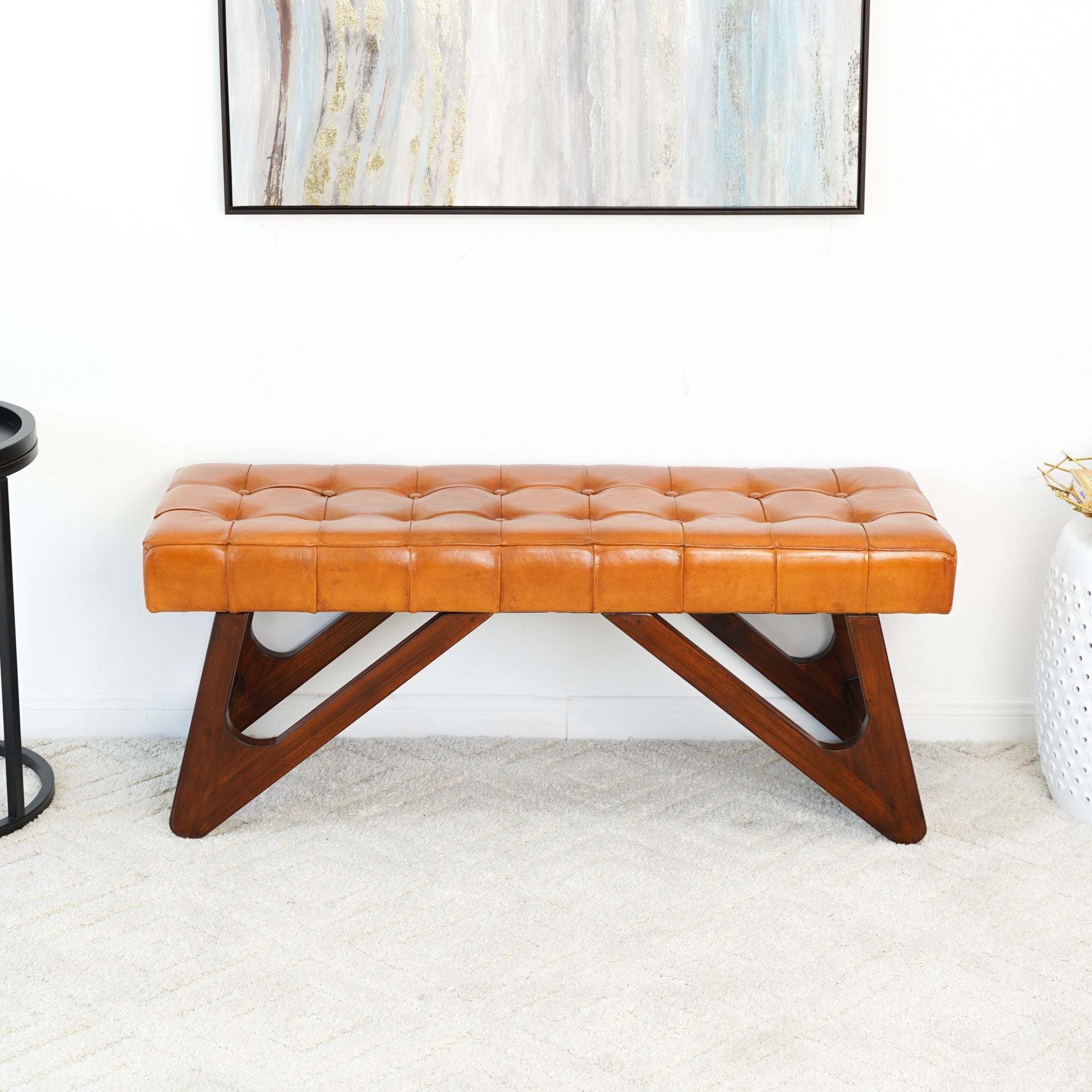 Melrose Tan Leather Bench - MidinMod