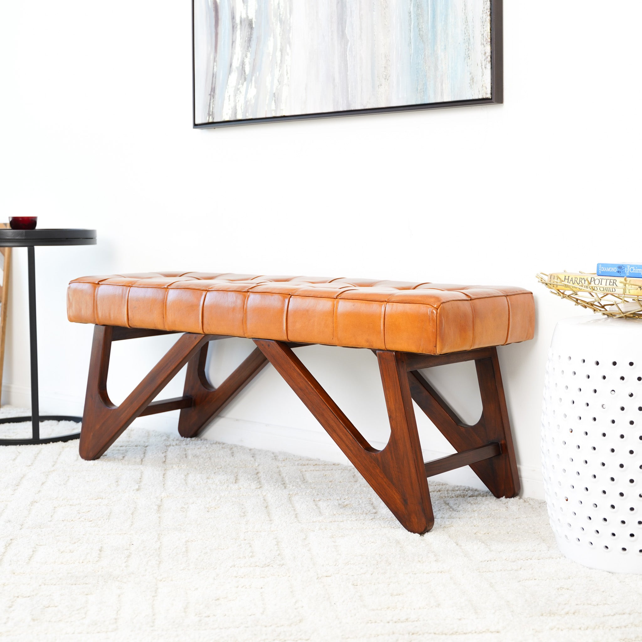 Melrose Tan Leather Bench - MidinMod