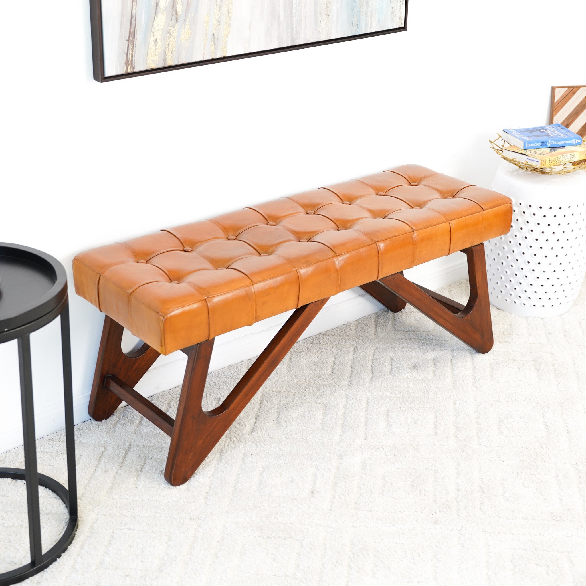 Melrose Tan Leather Bench - MidinMod